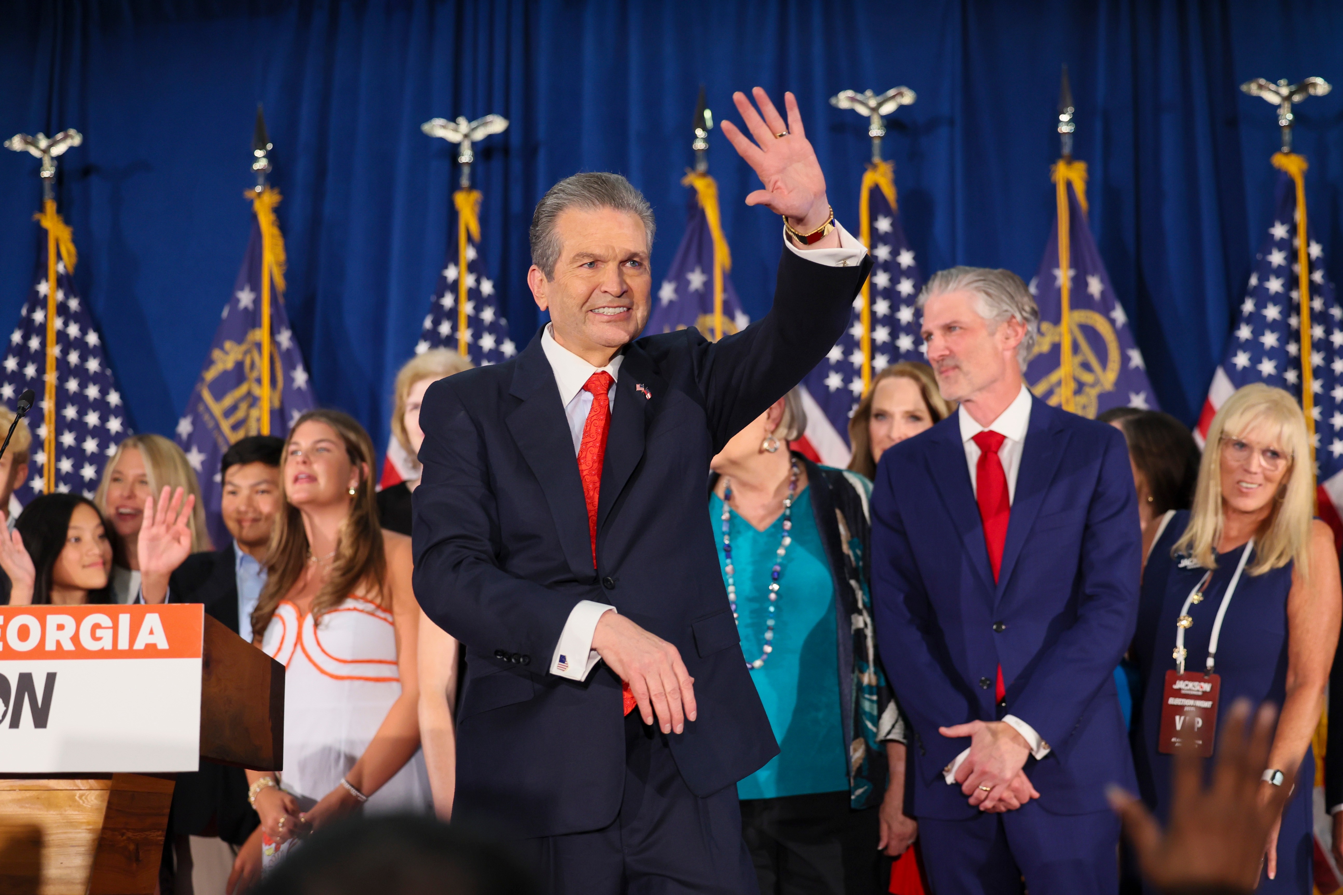 Georgia gubernatorial nominee Rick Jackson greets supporters at his election night party Tuesday in Atlanta. (Jason Getz/Atlanta Journal-Constitution/AP)