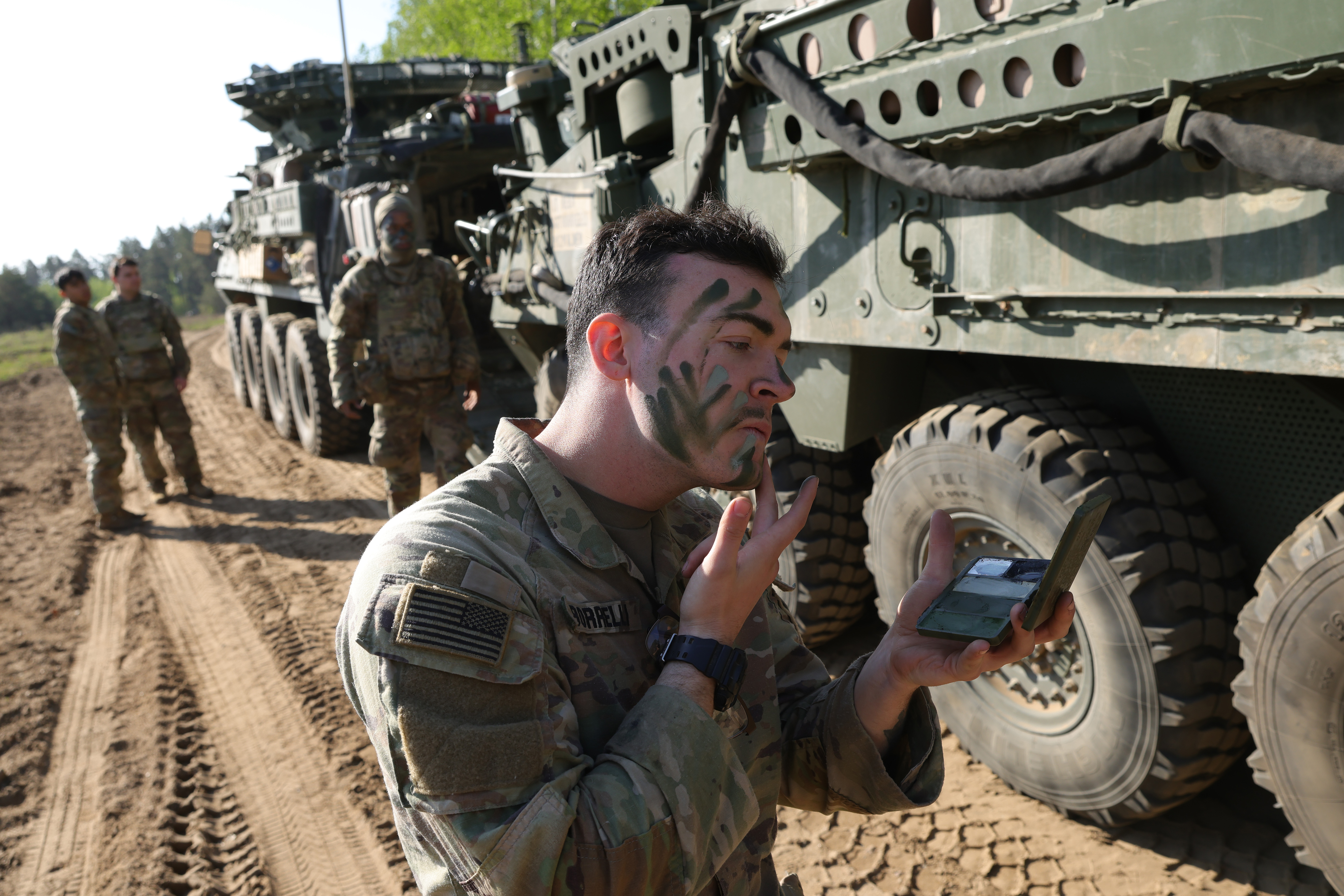 Soldiers of the U.S. Army 2nd Cavalry Regiment Stryker Brigade participate in NATO military exercises on May 6 near Bemowo Piskie, Poland. (Sean Gallup/Getty Images)