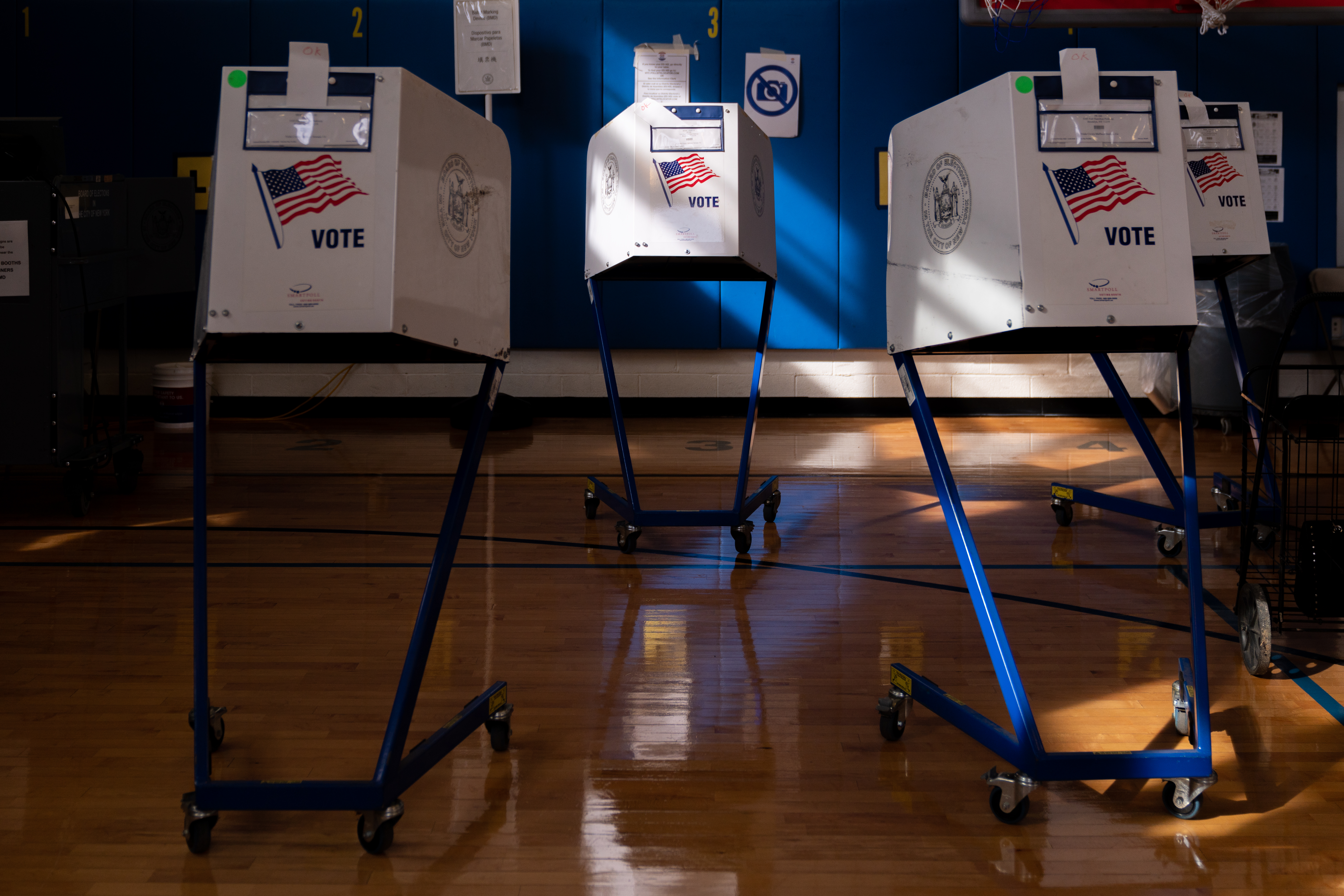 Voting booths are set up at Public School 160 in New York City on Election Day in 2020. (David Dee Delgado/Getty Images)