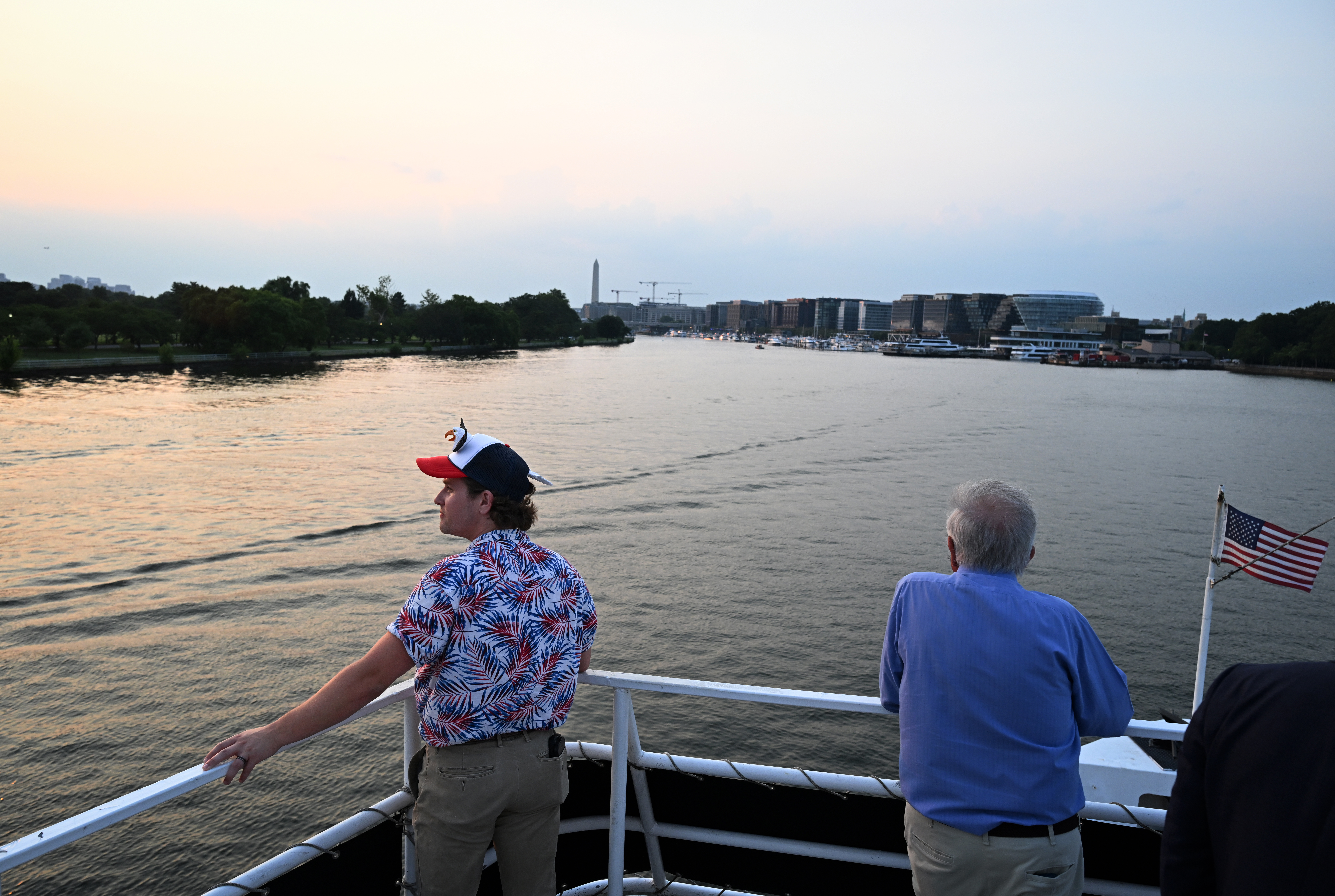 A sunset cruise through Washington, D.C., on the Potomac River on Thursday was sponsored by a group calling itself the Mass Deportation Coalition. (Matt McClain/For The Washington Post)