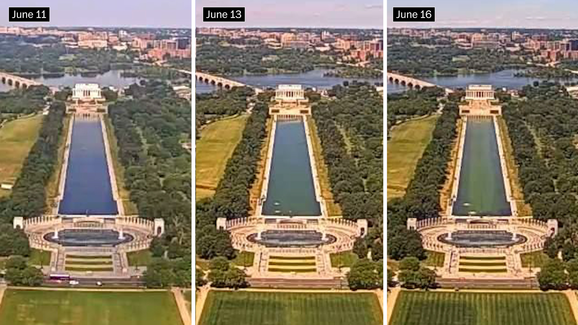 Photos show how the pool has changed colors since it was refilled this month. (EarthCam)