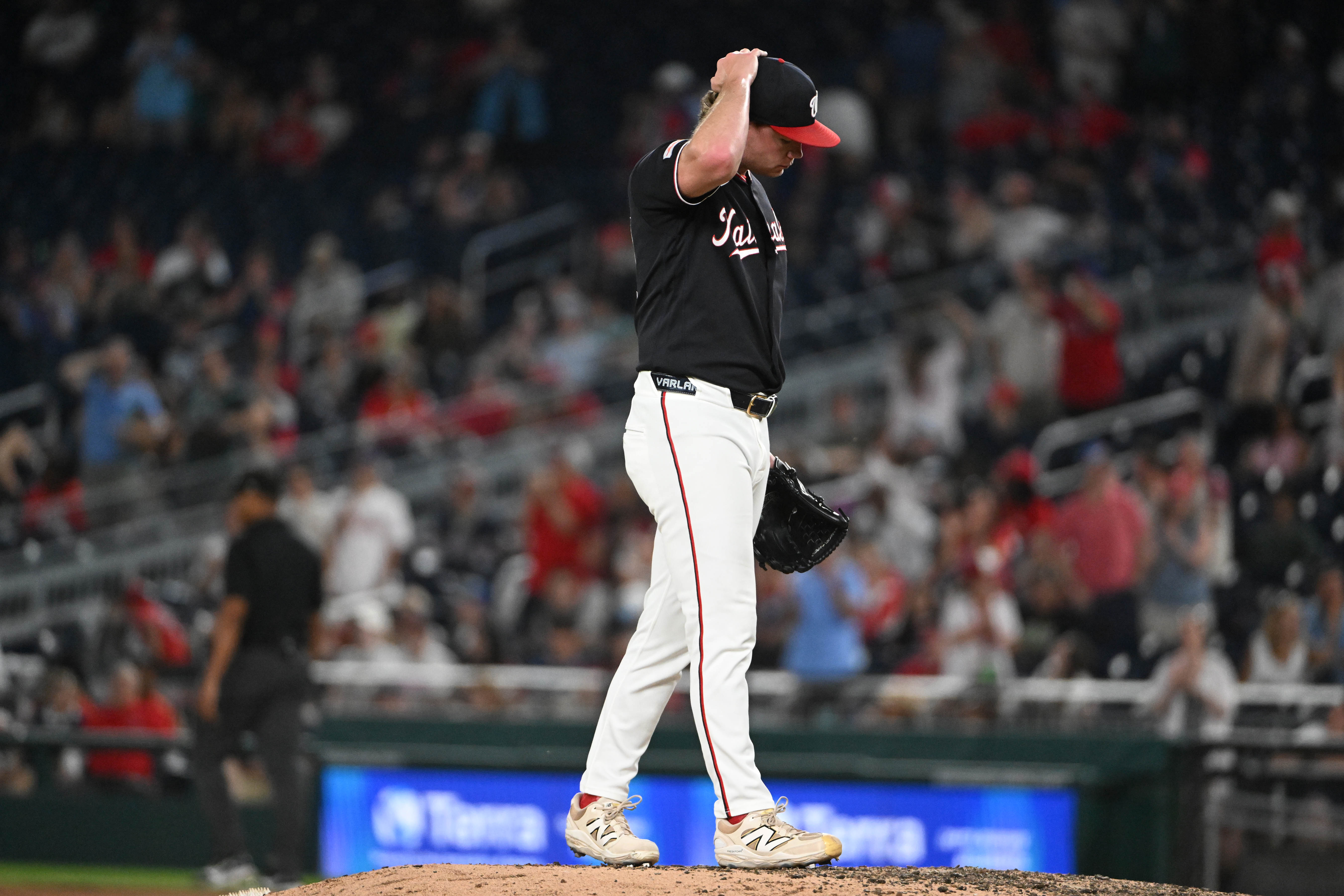 Reliever Gus Varland allowed two home runs and five earned runs in two innings of work, then was optioned to Class AAA Rochester after the game. (Brad Mills/IMAGN IMAGES via Reuters Connect)