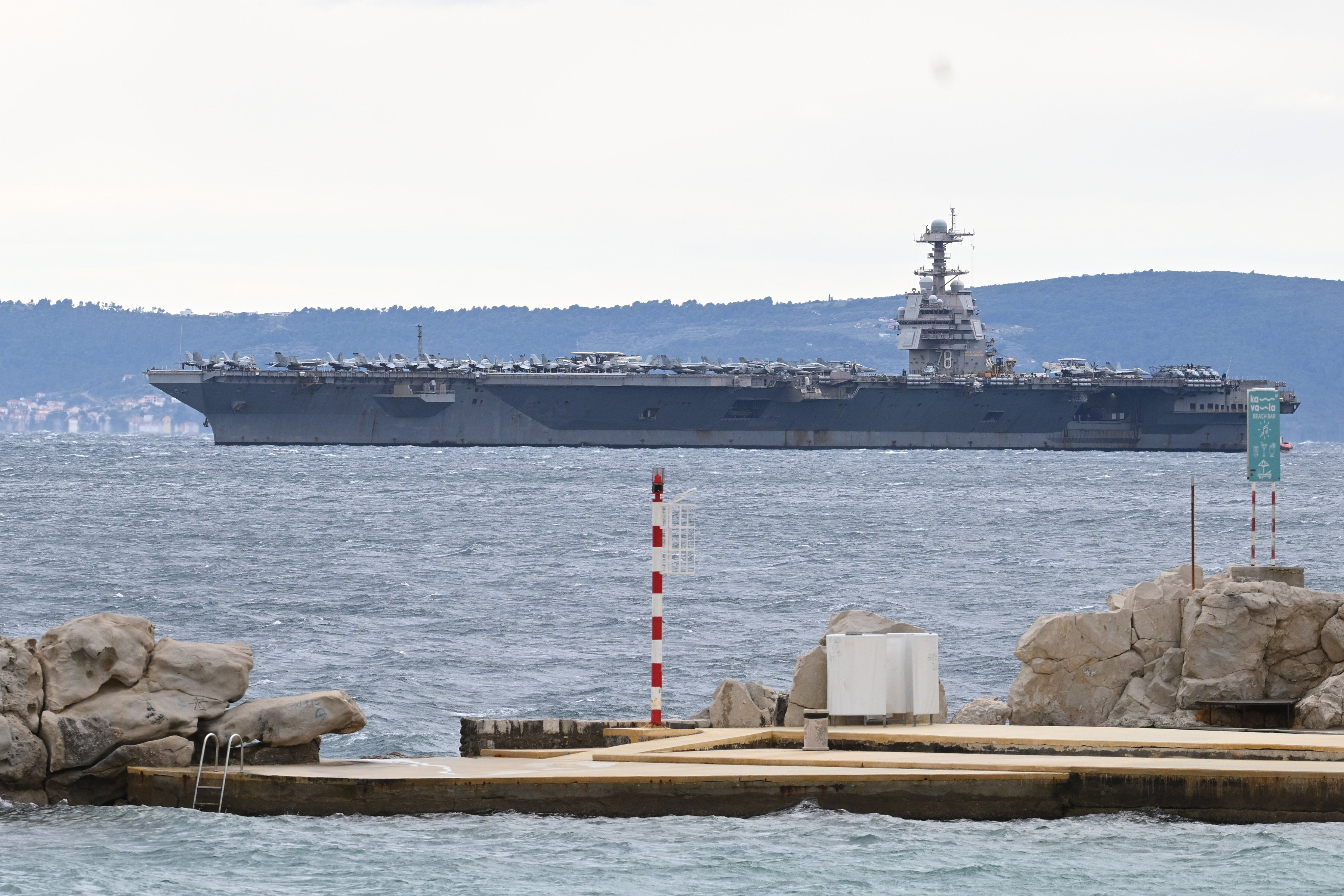 The aircraft carrier USS Gerald R. Ford off Split, Croatia, in late March. (Tom Dubravec/AP)