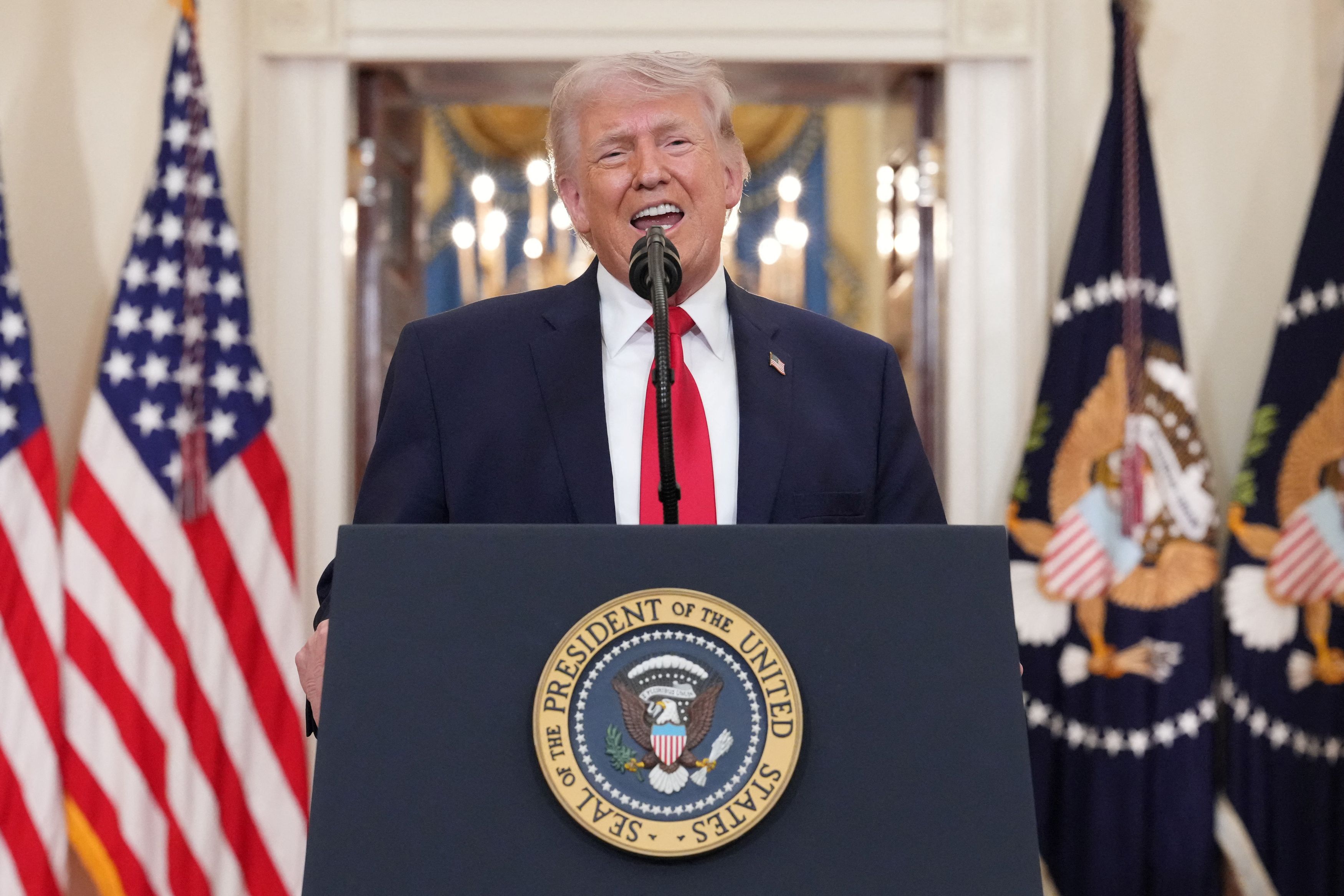 President Donald Trump delivers an address to the nation about the Iran war at the White House. (Alex Brandon/via REUTERS)