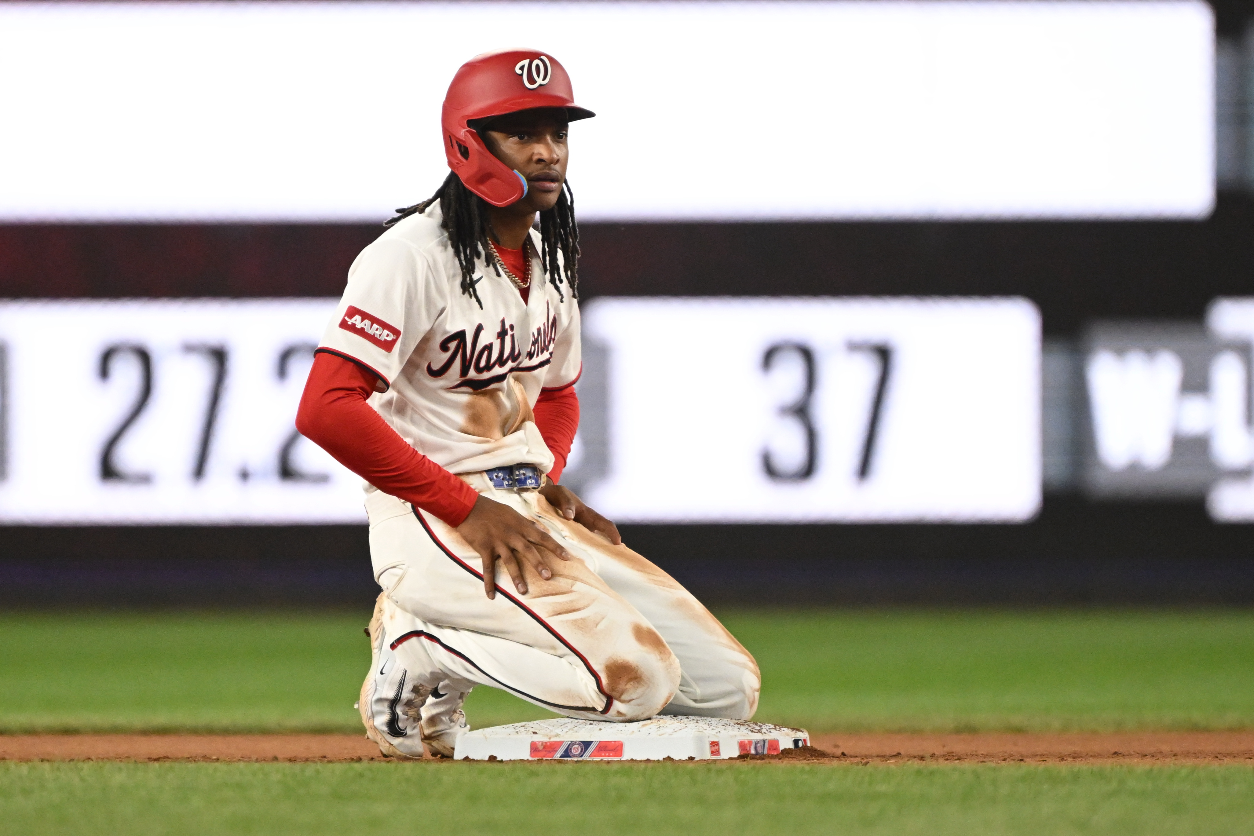 CJ Abrams pauses on second base after a successful stolen base attempt in the seventh inning at Nationals Park. (Rafael Suanes/IMAGN IMAGES via Reuters Connect)