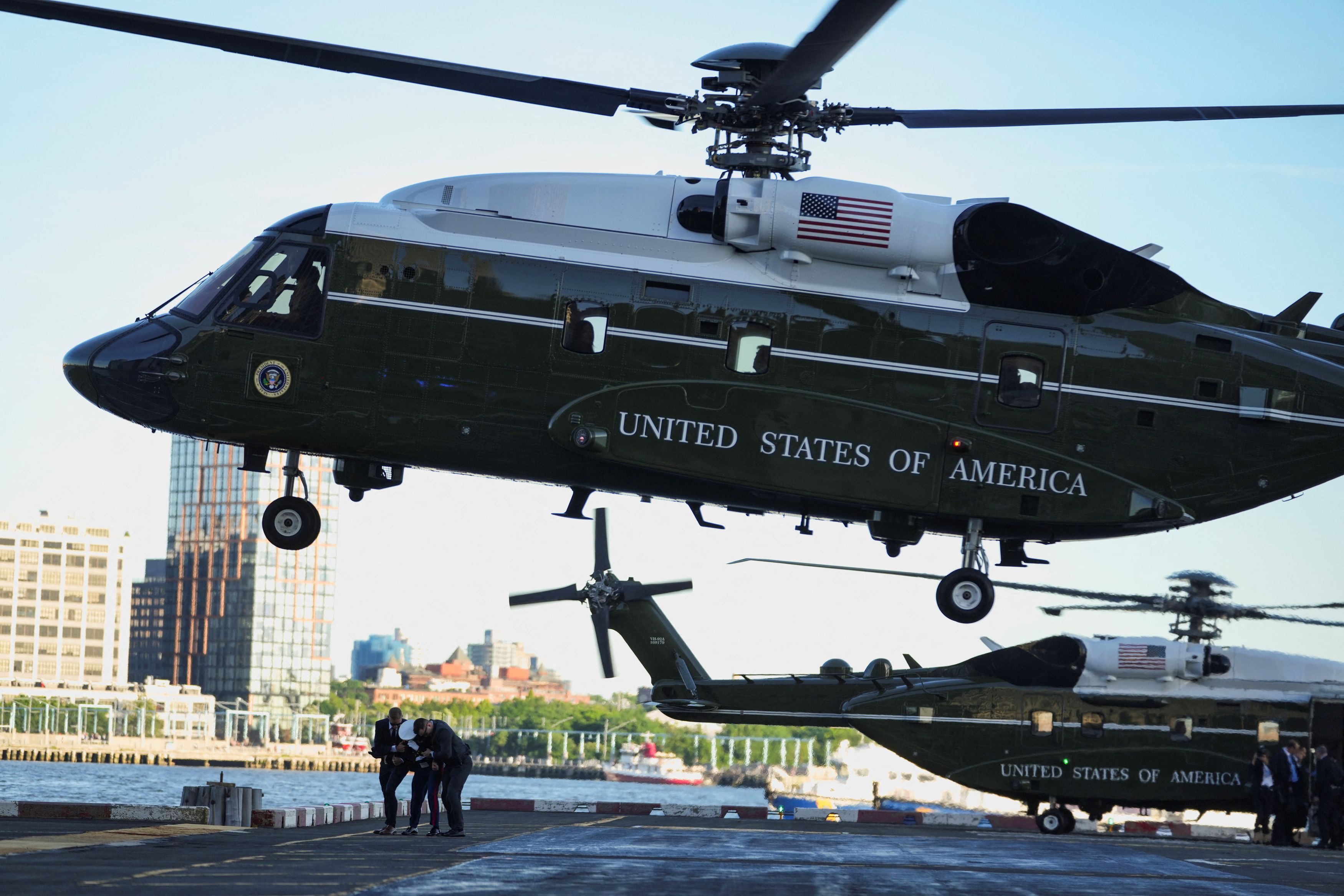 The Sikorsky VH-92A, the new generation of Marine One helicopter, carried President Trump to Manhattan on June 8 as he headed to the NBA Finals. (Nathan Howard/Reuters)