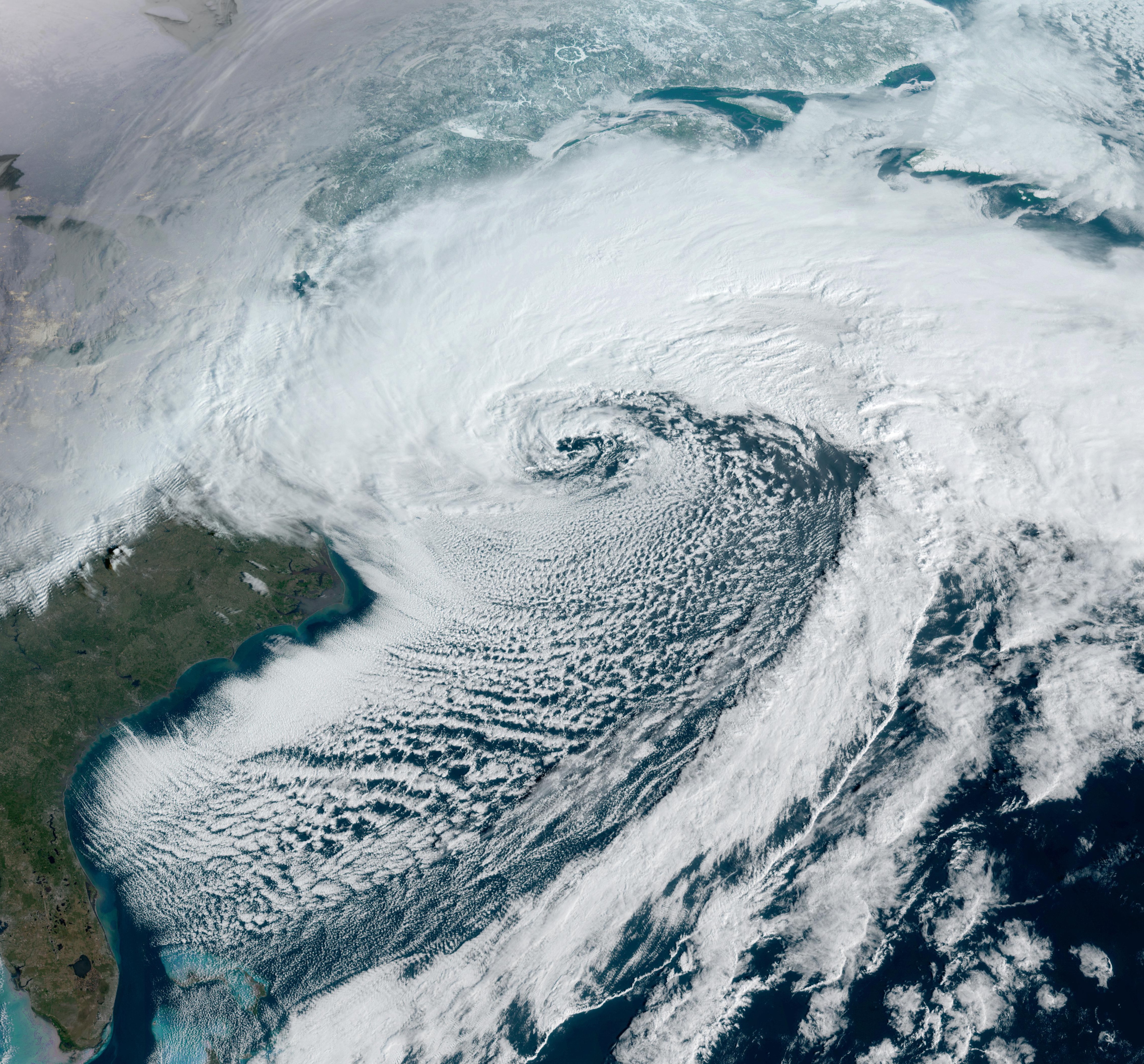 A nor'easter was nearing peak intensity, comparable to a Category 2 hurricane, south of Cape Cod on Monday morning. (NOAA)
