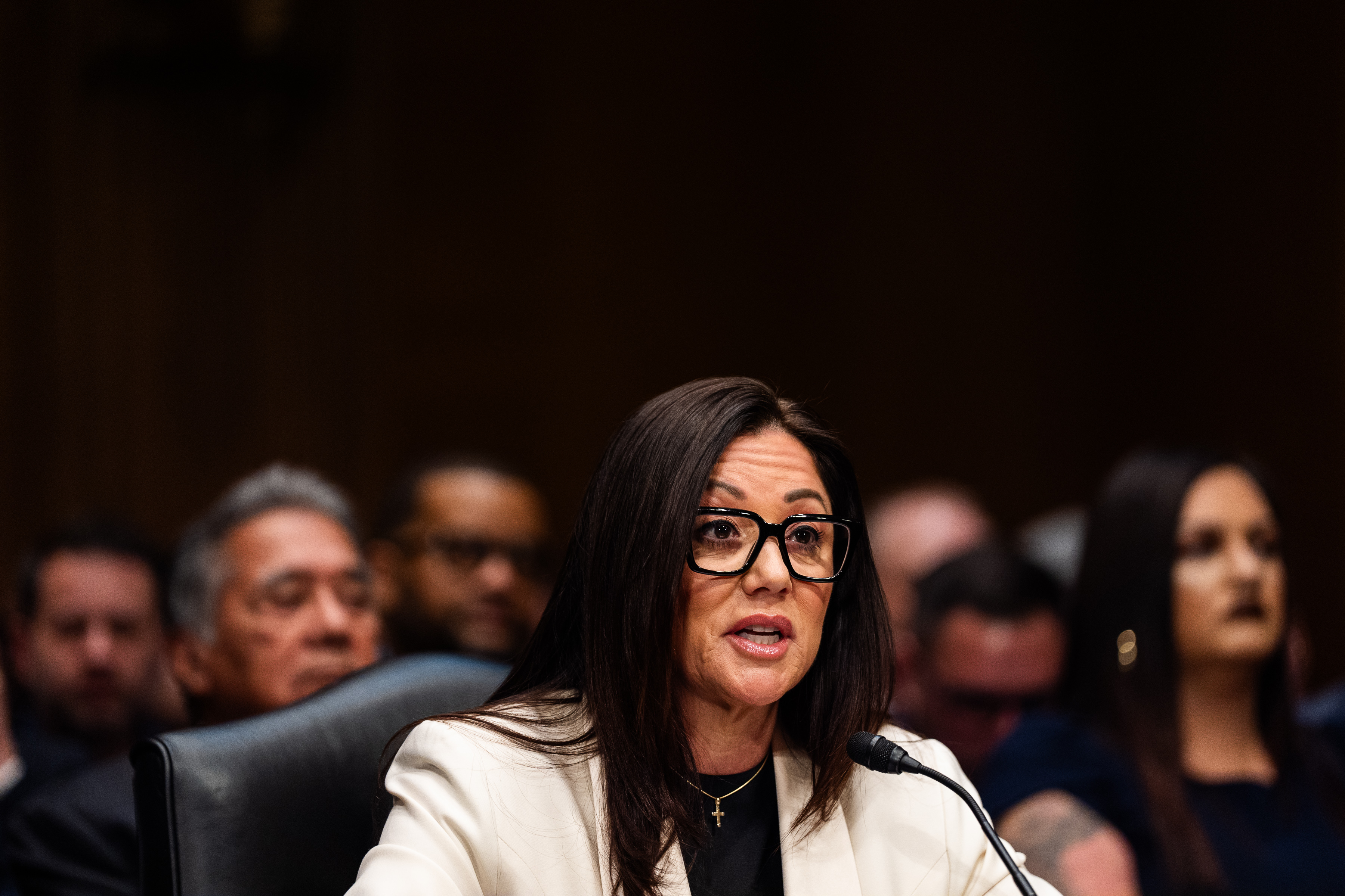 Lori Chavez-DeRemer during her confirmation hearing on Feb. 19, 2025. (Demetrius Freeman/The Washington Post)