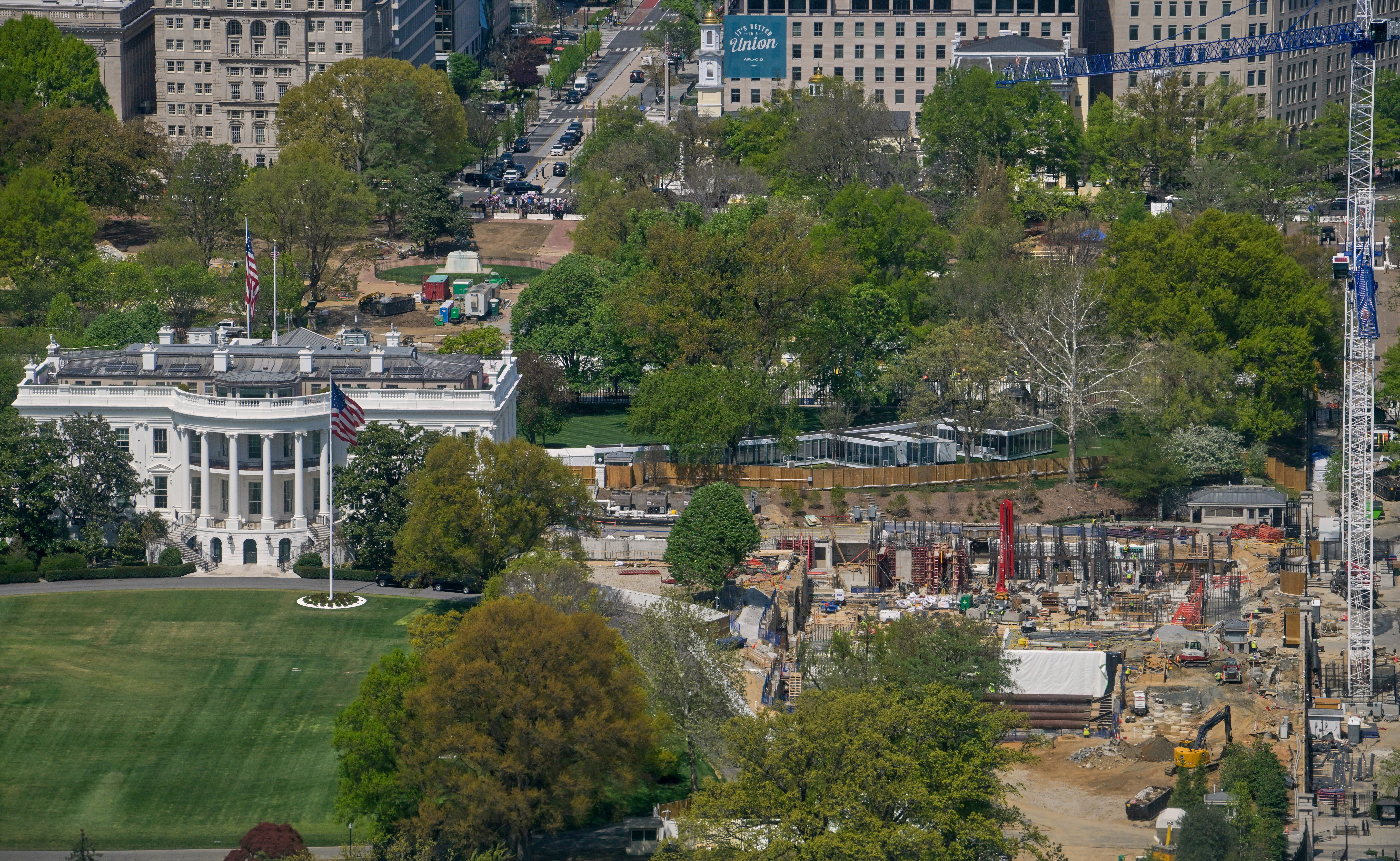 Despite litigation, work continues on the construction of a ballroom at the White House on April 9. (Rod Lamkey Jr./AP)