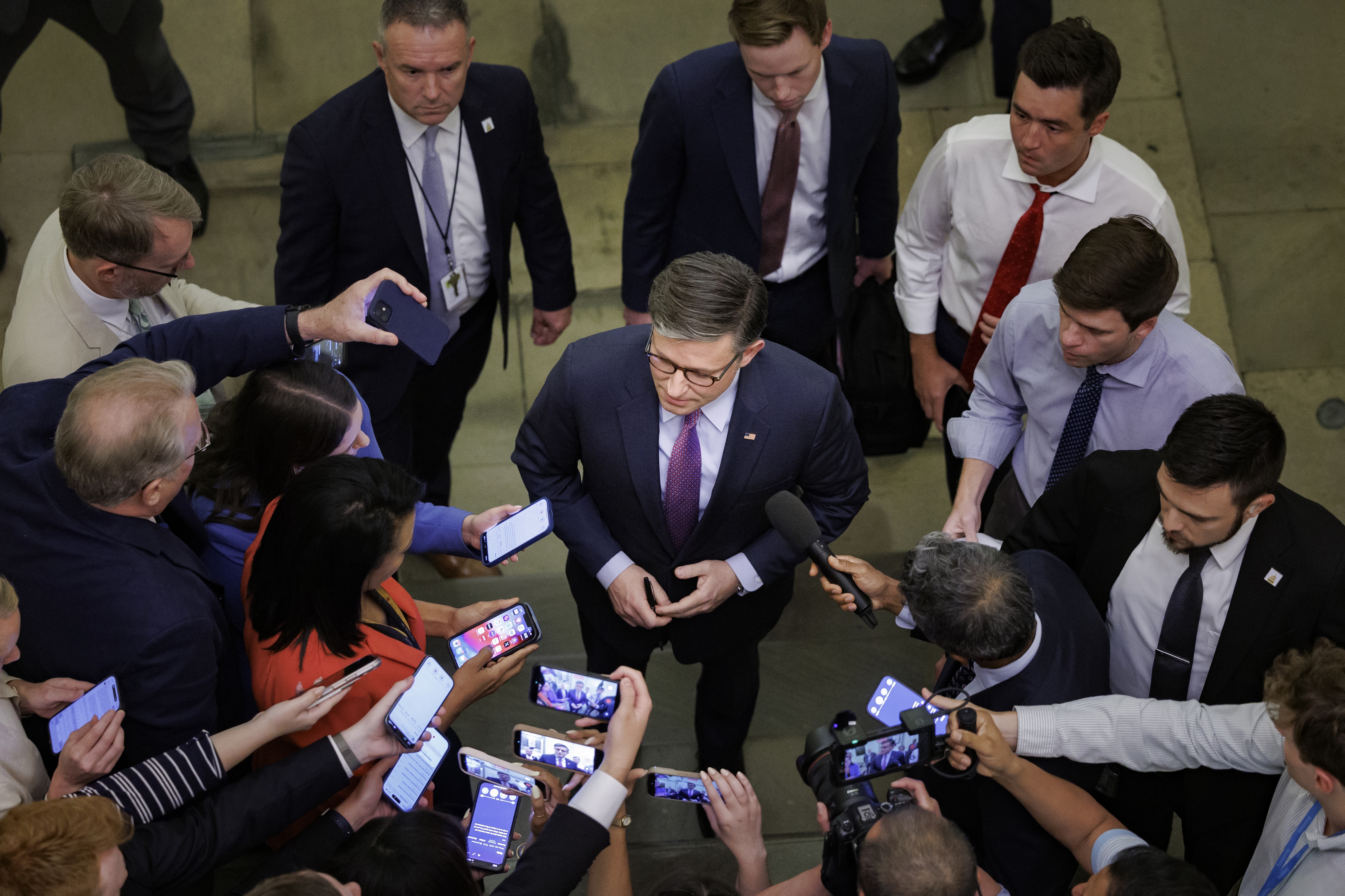 House Speaker Mike Johnson (R-Louisiana) speaks to reporters on Capitol Hill on Monday. (Tom Brenner/Getty Images)