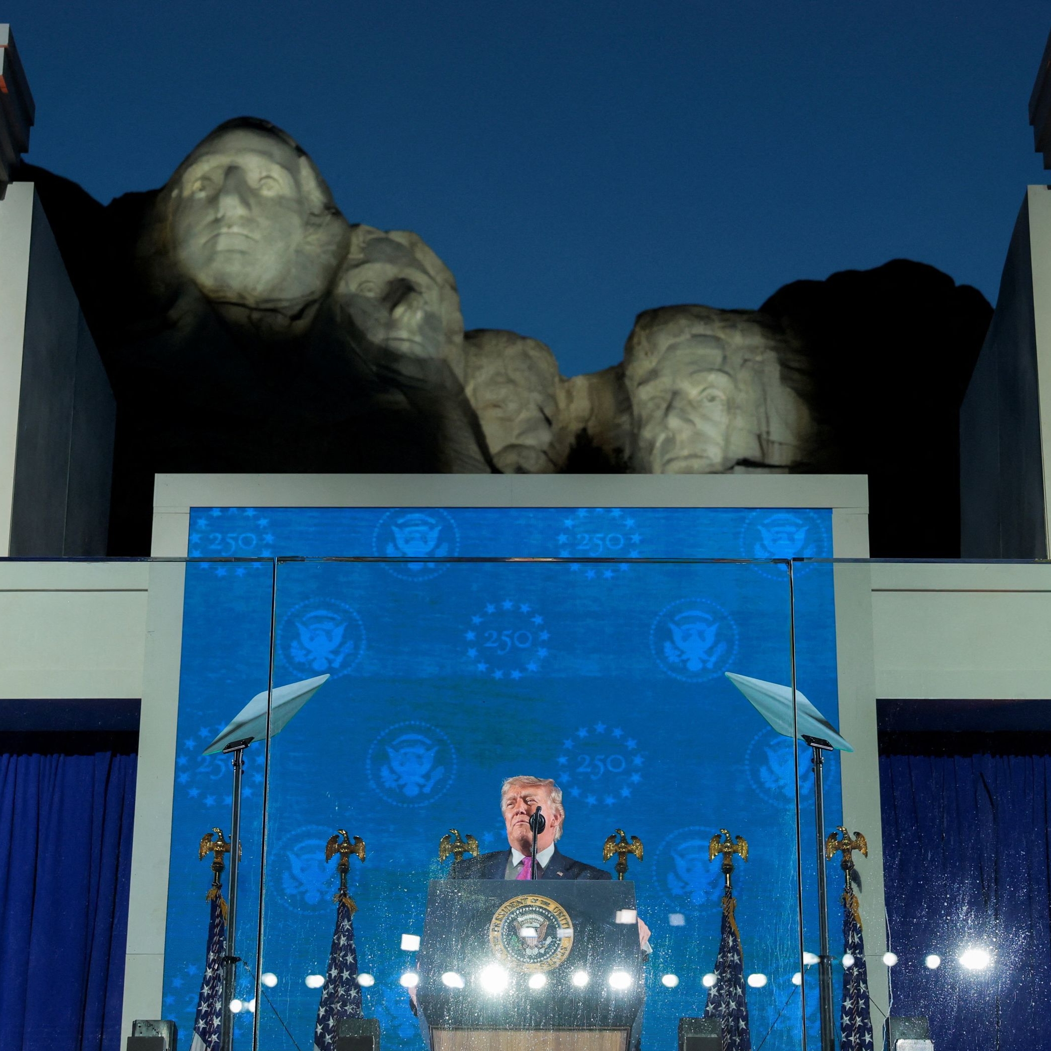 President Donald Trump speaks during a celebration for the 250th anniversary of U.S. independence at Mount Rushmore on Friday. (Kylie Cooper/Reuters)
