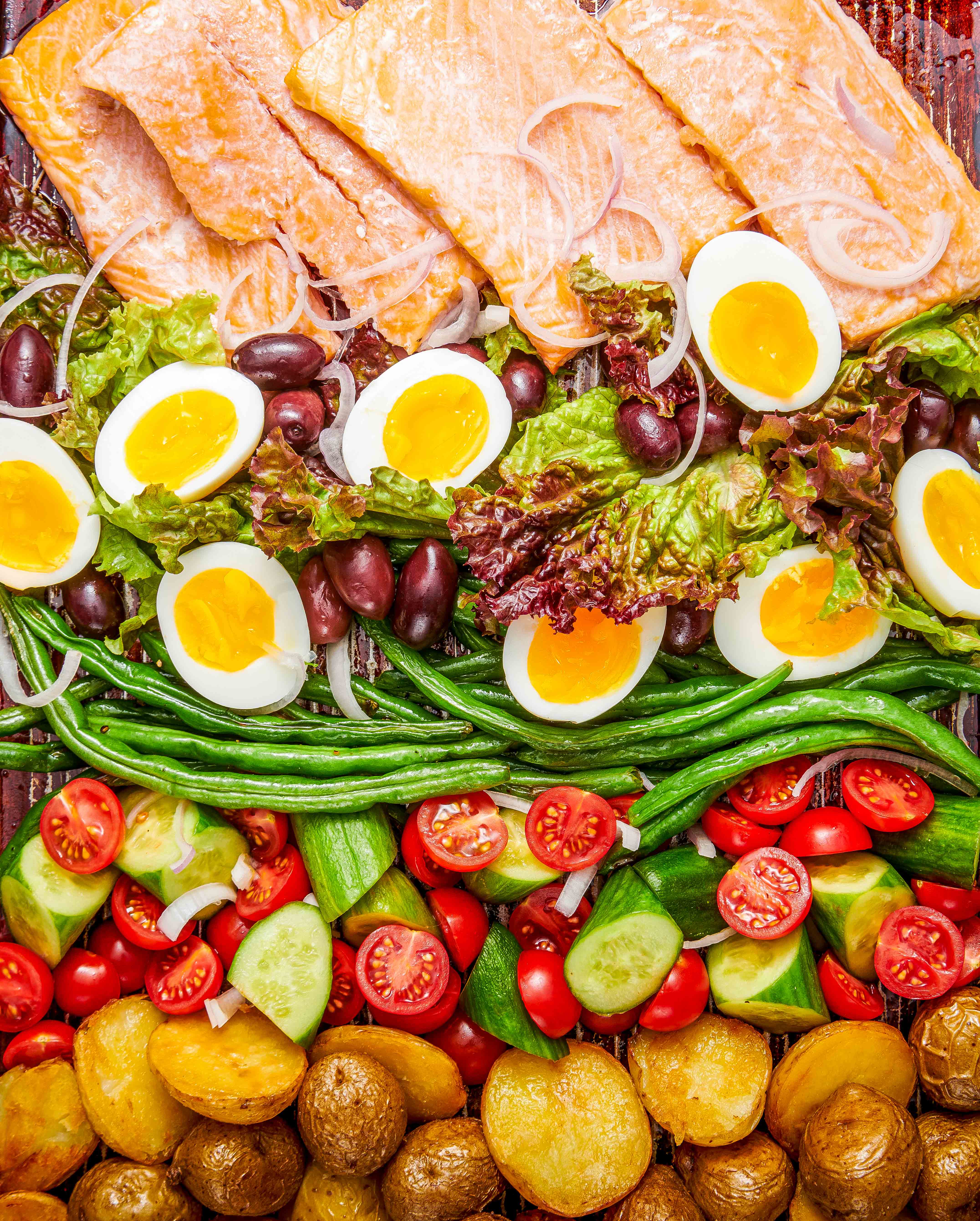 Roast Salmon Niçoise With Creamy Olive Dressing. (Rey Lopez/For The Washington Post; food styling by Carolyn Robb)