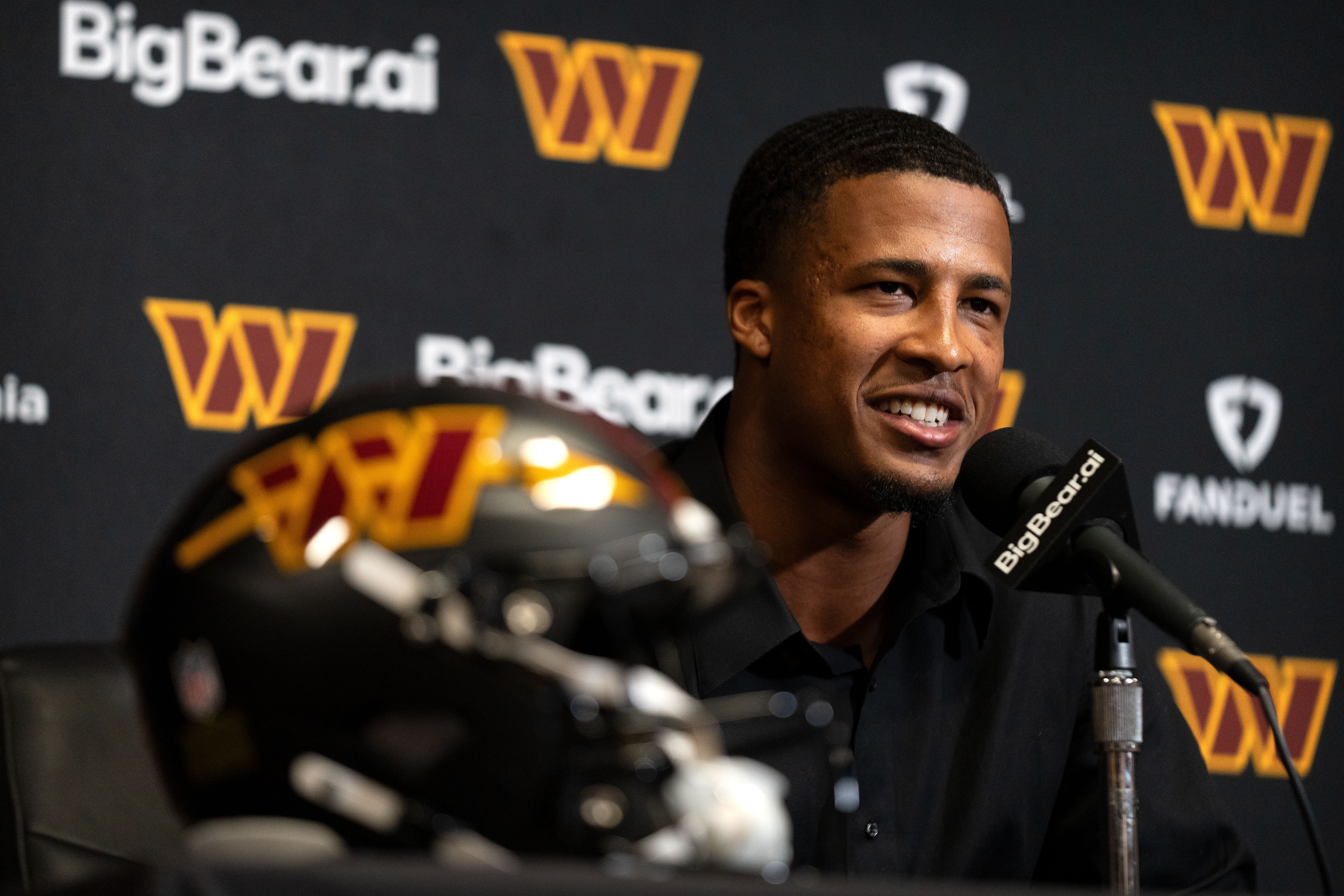 Sonny Styles was introduced Friday after the Commanders drafted him in the first round. (Mark Schiefelbein/AP)