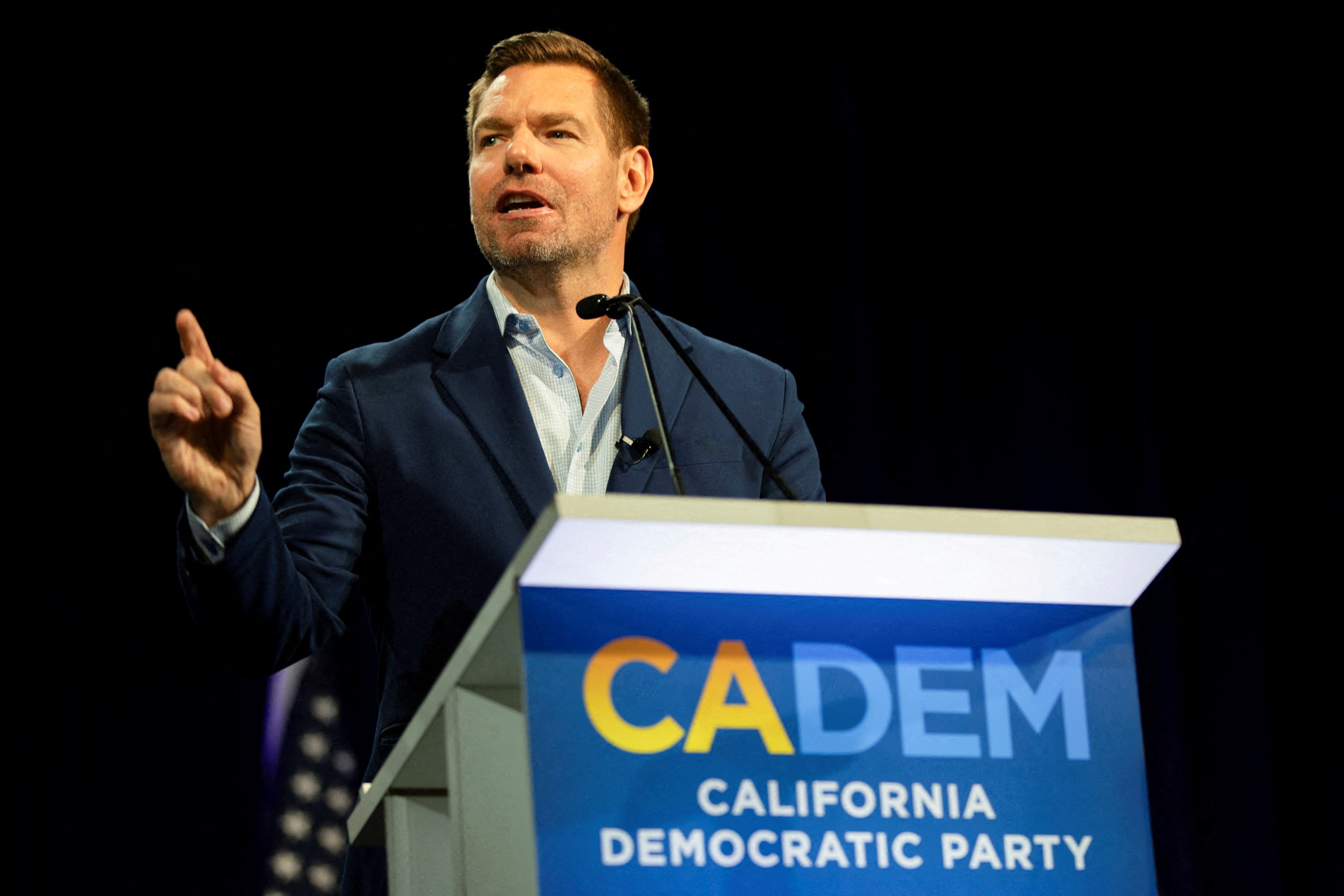 Rep. Eric Swalwell (D), a California gubernatorial candidate, speaks in San Francisco on Feb. 21. (Manuel Orbegozo/Reuters)