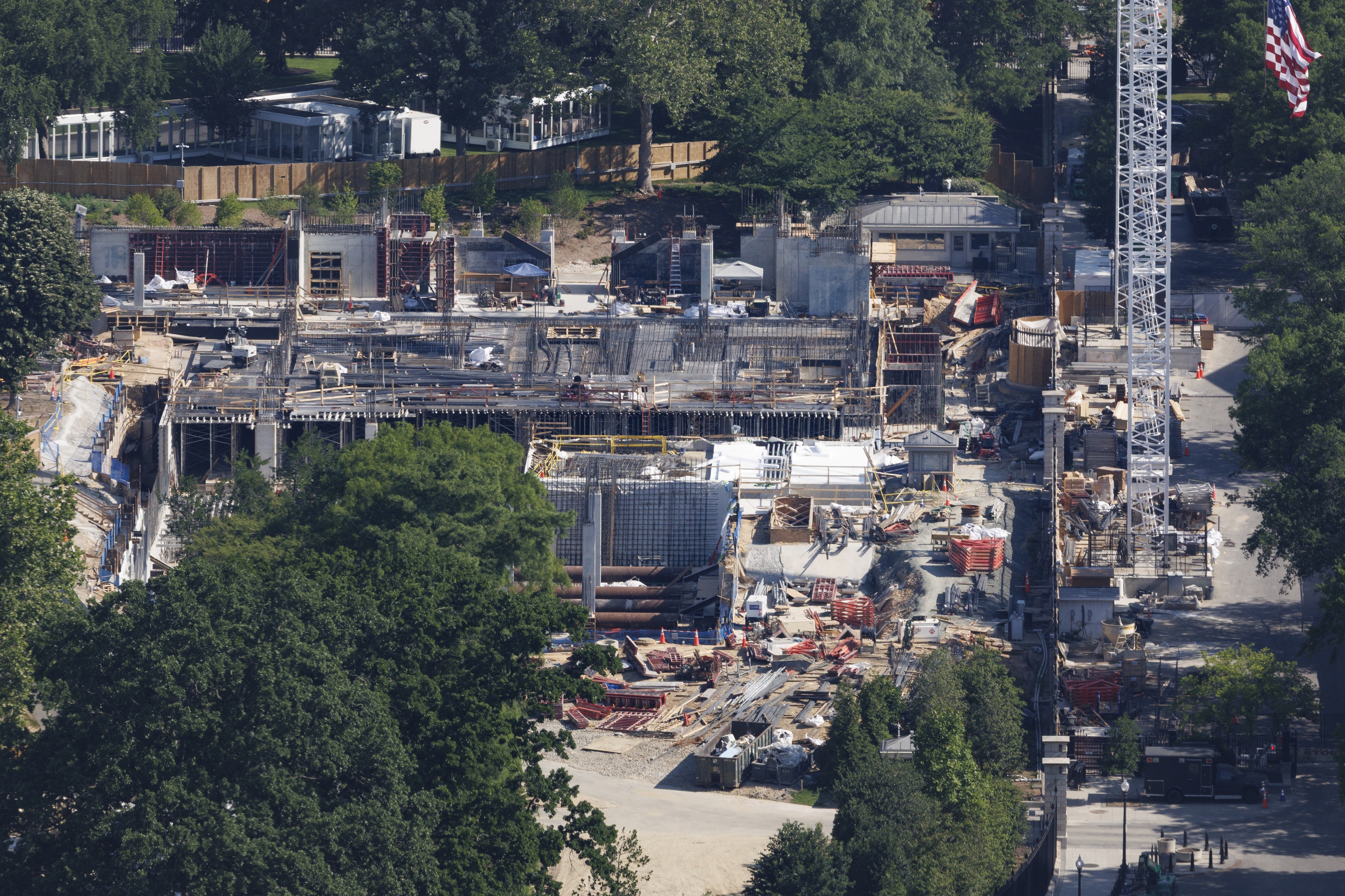 Construction for the ballroom project on the former site of the White House's East Wing, seen June 7. (Tom Brenner/For the Washington Post)