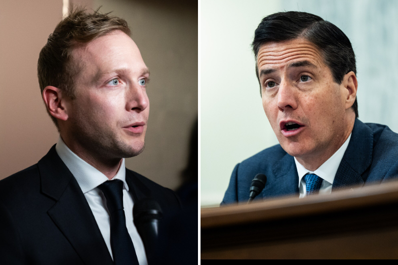 Rep. Max Miller, left, and Sen. Bernie Moreno, both Ohio Republicans. (Elizabeth Frantz/For The Washington Post; Demetrius Freeman/The Washington Post)