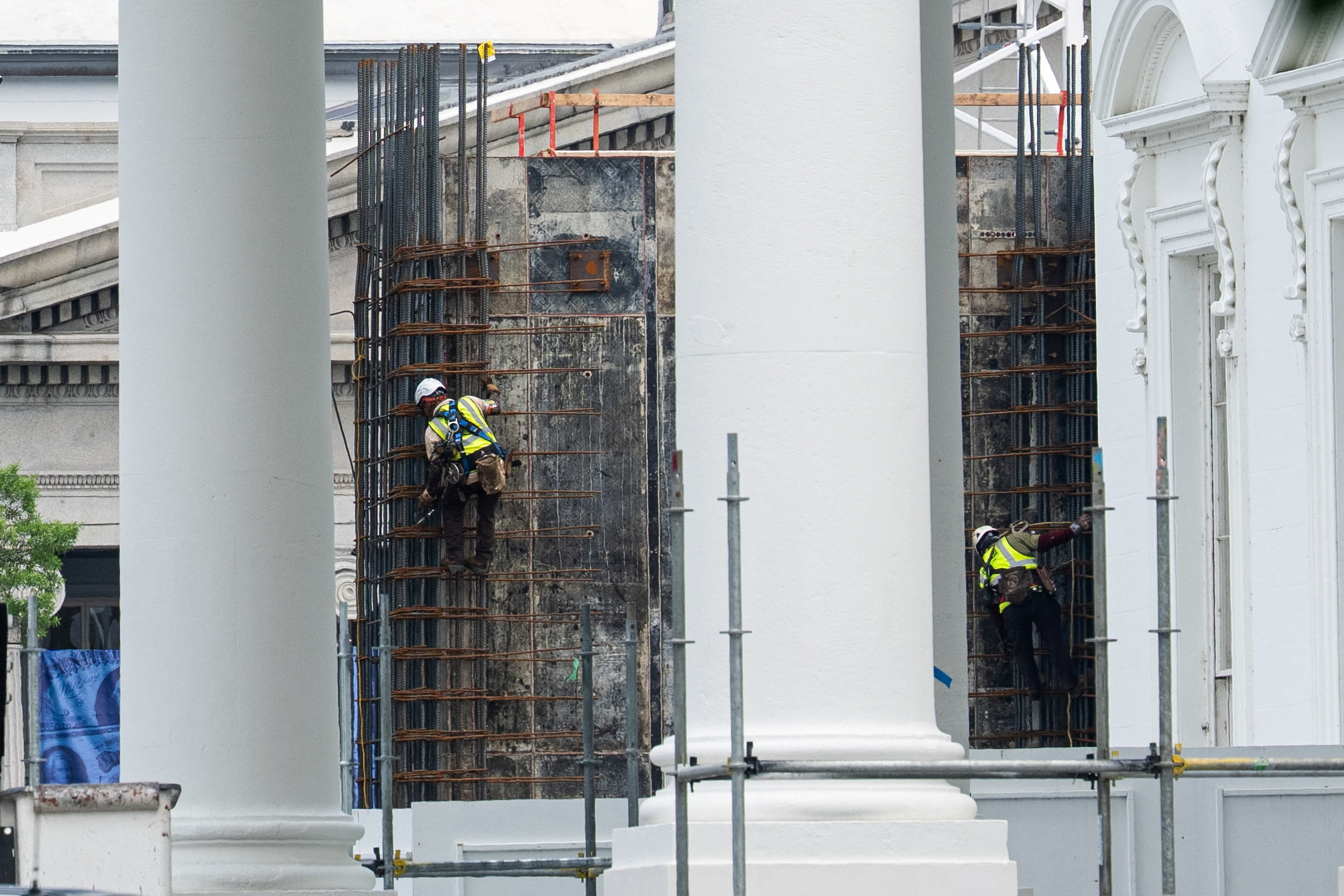 Construction continues on the East Wing ballroom Monday. (Aaron Schwartz/Reuters)