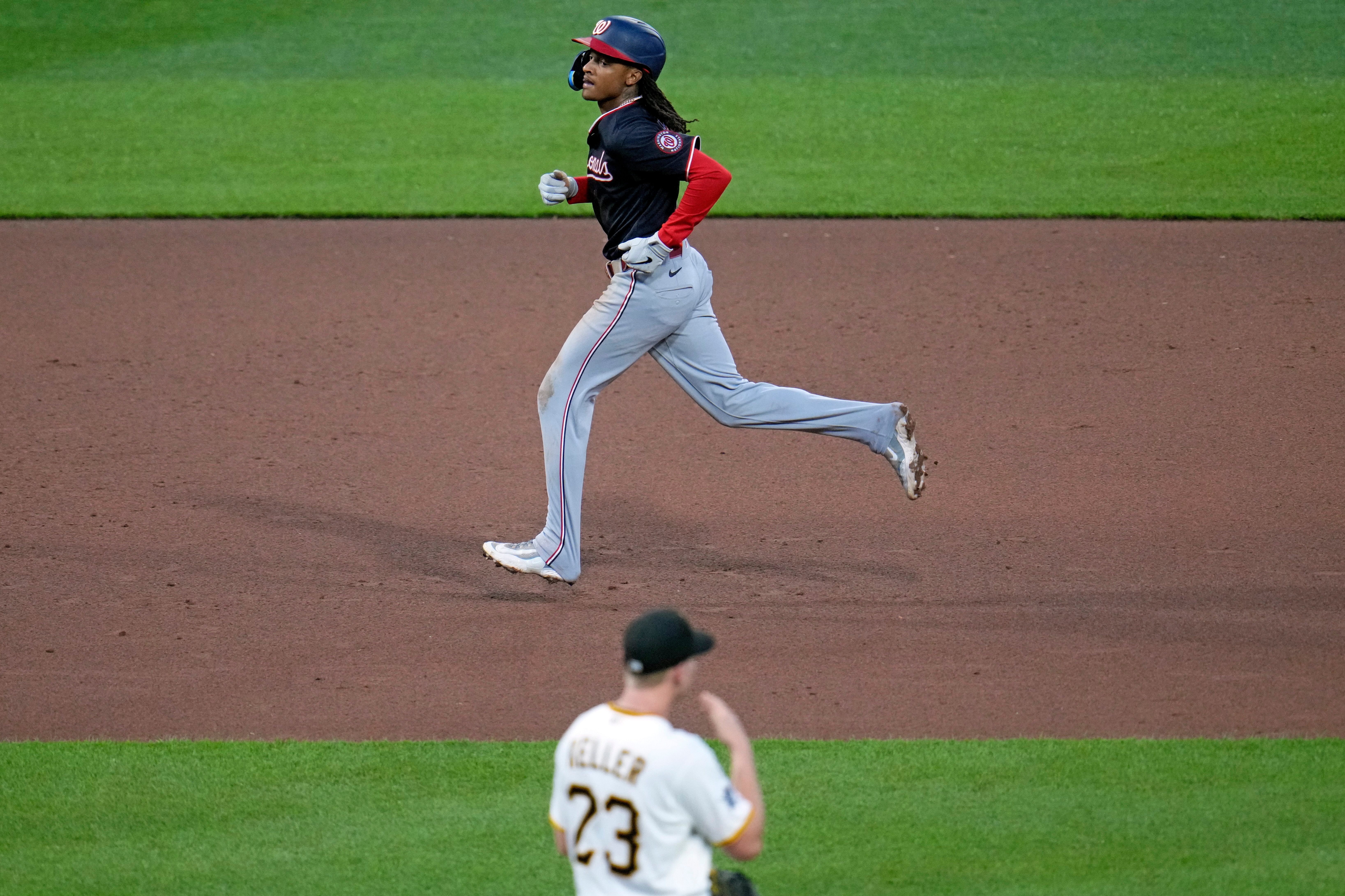 CJ Abrams slugged a solo homer off Mitch Keller in the third inning for one of his three hits. (Gene J. Puskar/AP)