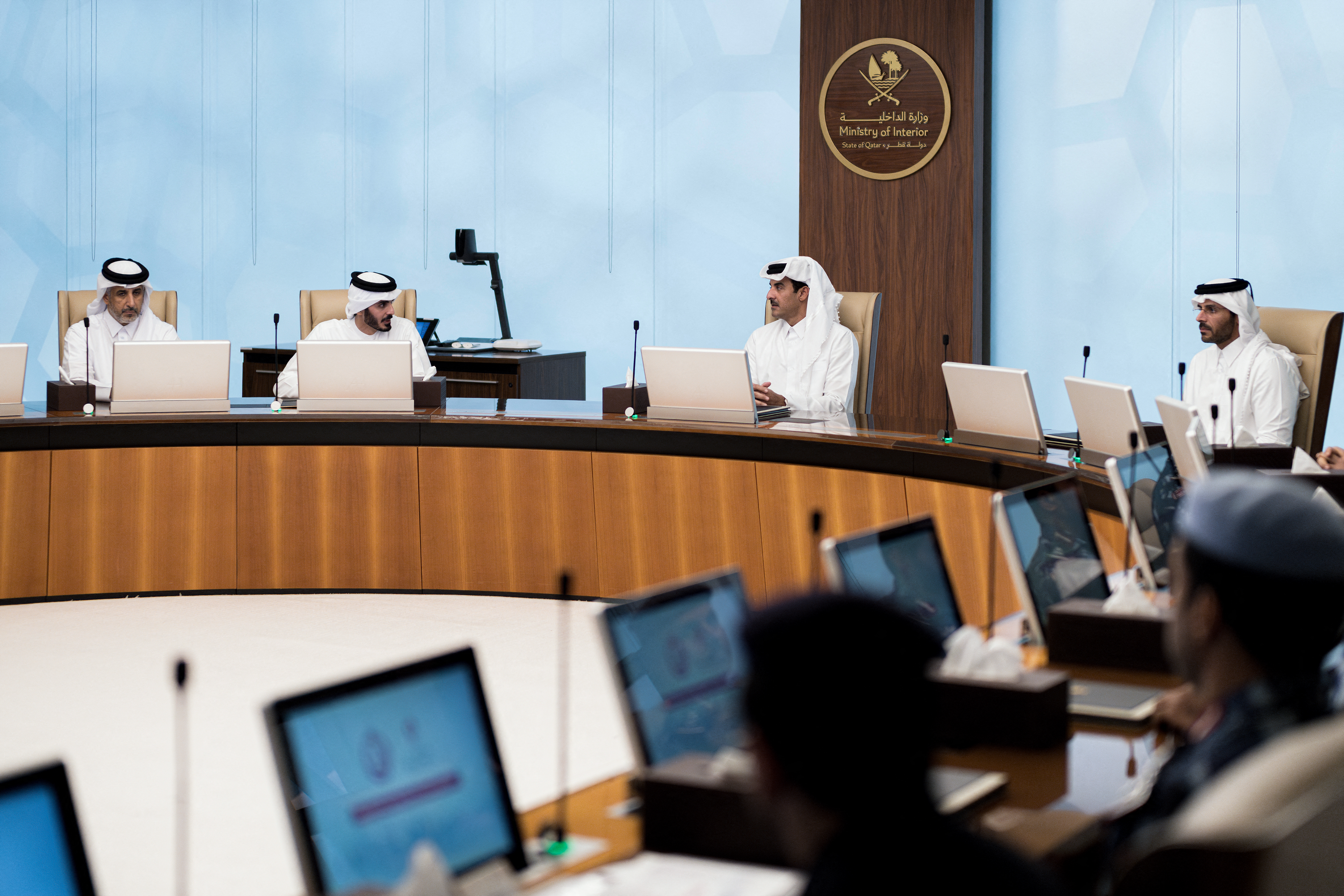 Qatari officials hold a meeting in the Interior Ministry’s national command center on March 5. (-/AFP/Getty Images)