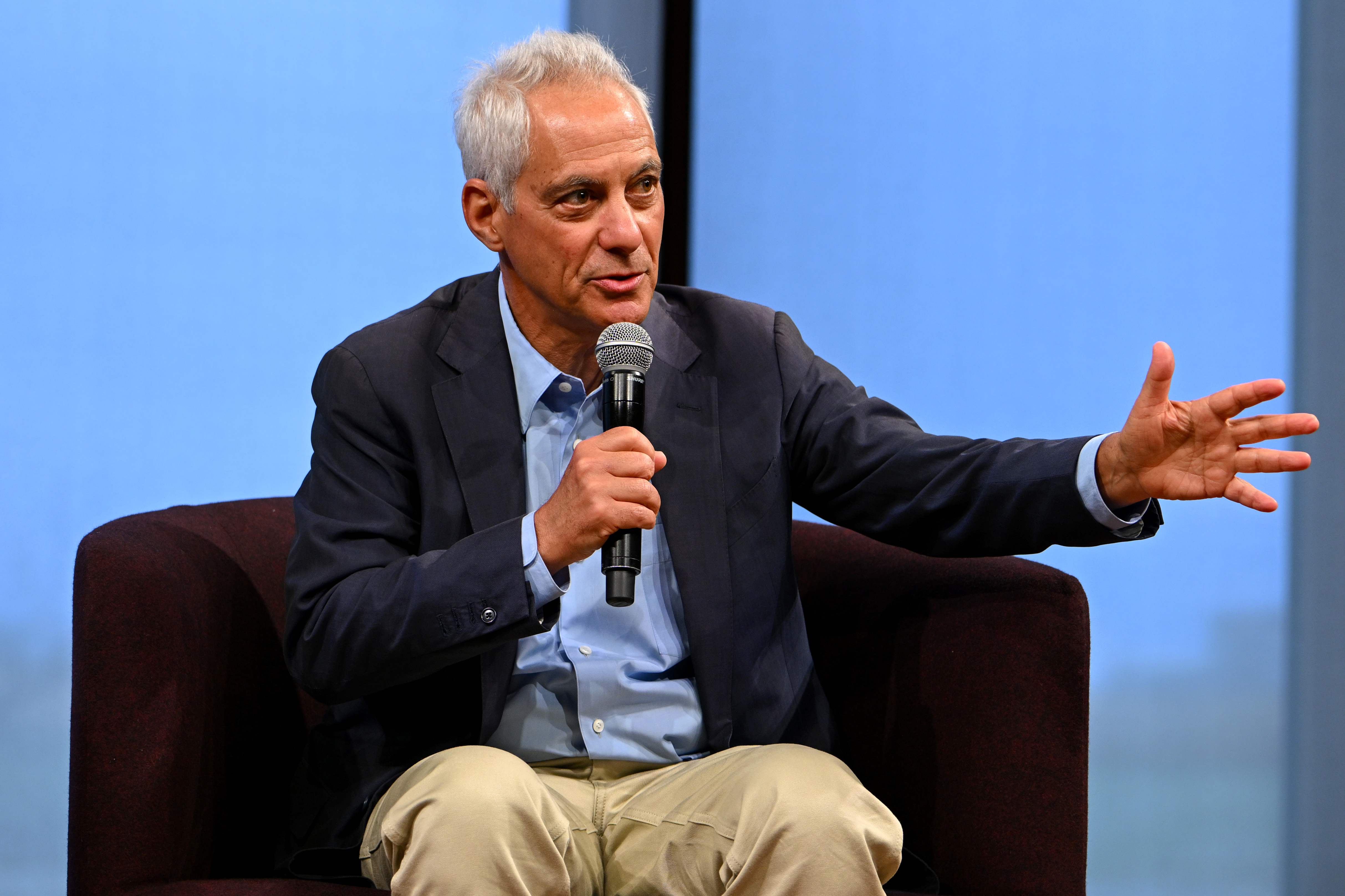 Rahm Emanuel, a Democrat who is seen as a potential 2028 presidential candidate, is expected to speak in Tel Aviv on Wednesday. (Bryan Bedder/Getty Images for the Theodore Roosevelt Presidential Library)