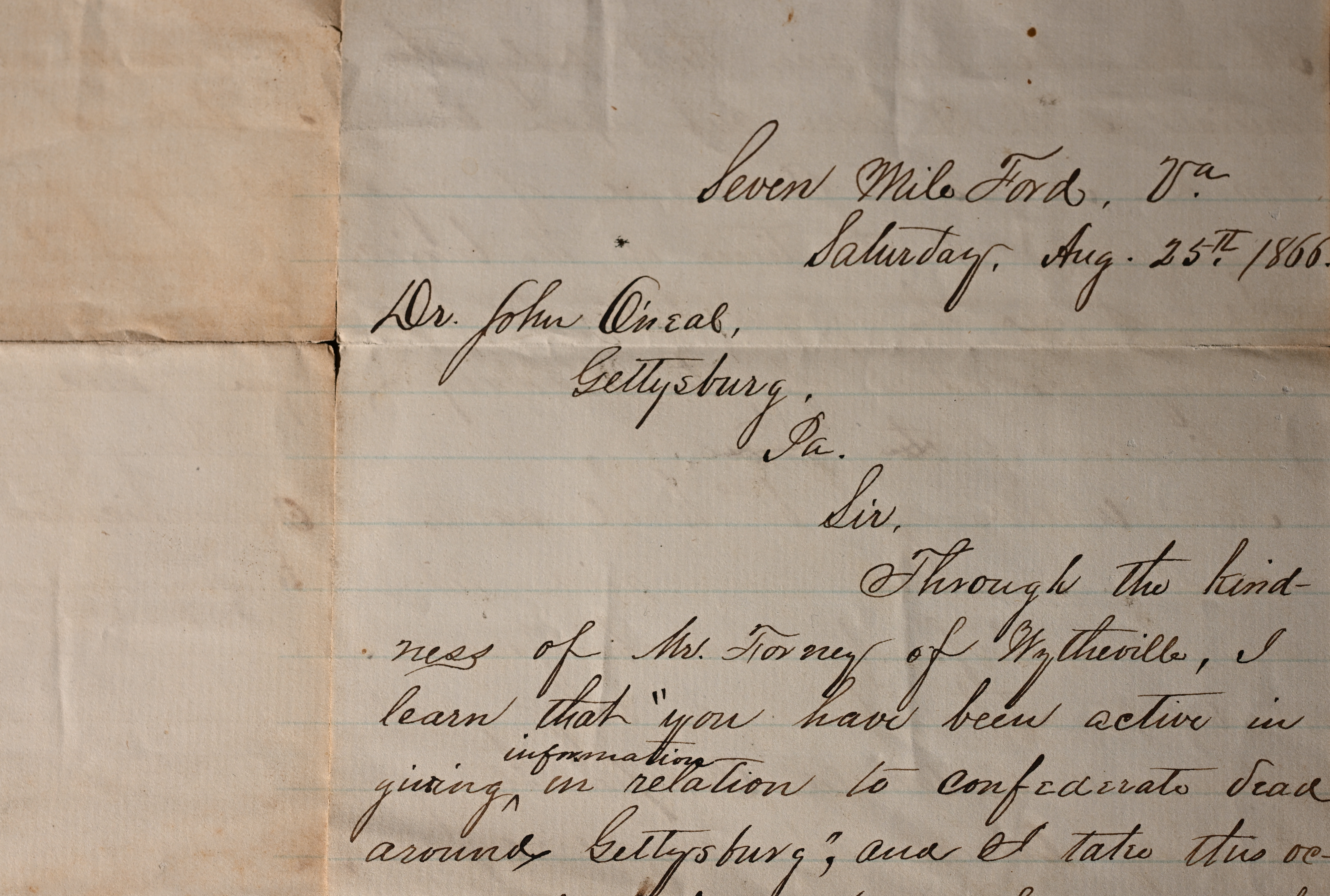 A letter written by Robert H. Dungan to John W.C. O’Neal in regard to Dungan's brother, who was killed on July 2, 1863. (Matt McClain/For The Washington Post)