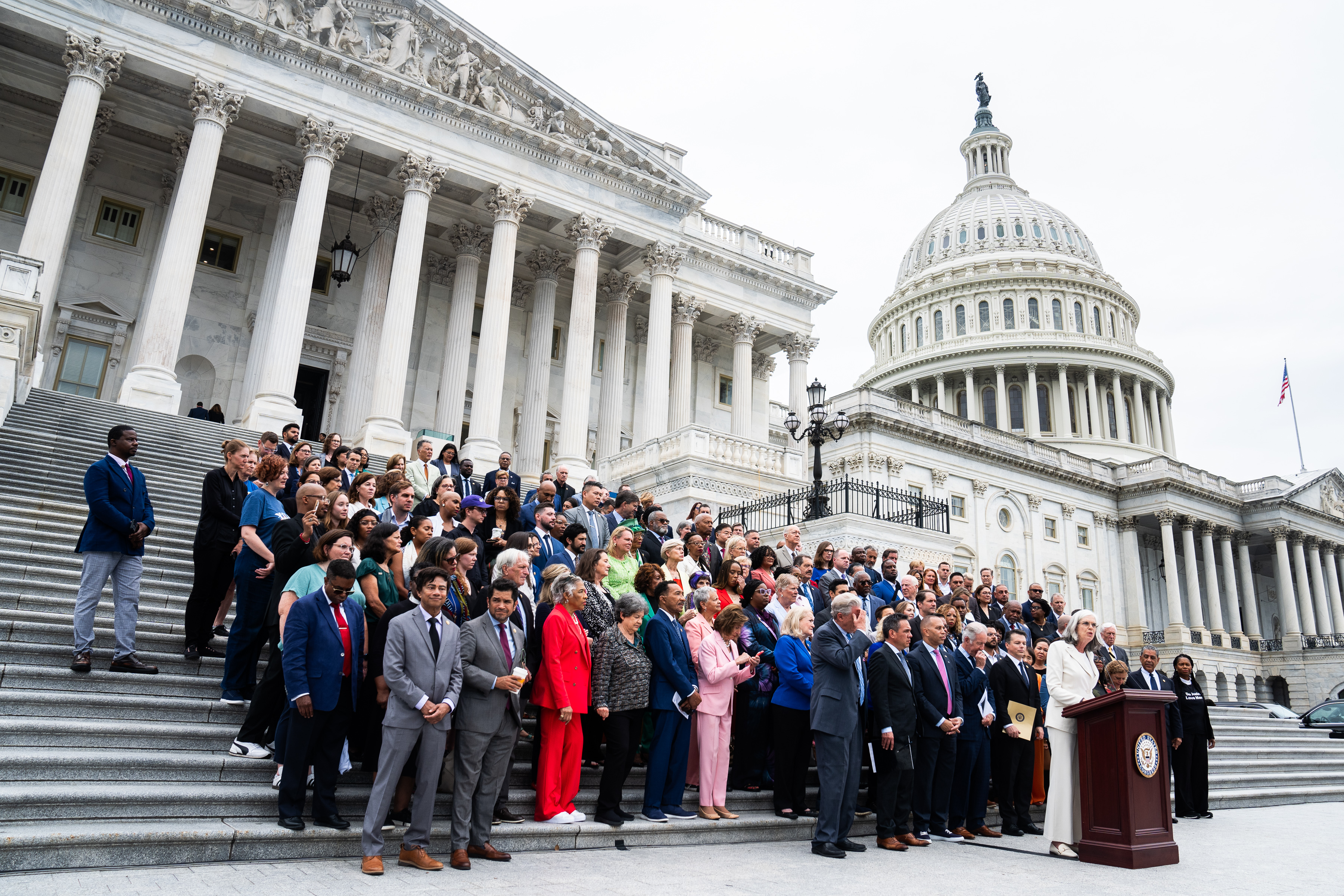 Rep. Katherine Clark (Massachusetts) speaks at a news conference of the House Democrats following the passage of the Big Beautiful Bill on July 2, 2025. (Demetrius Freeman/The Washington Post)