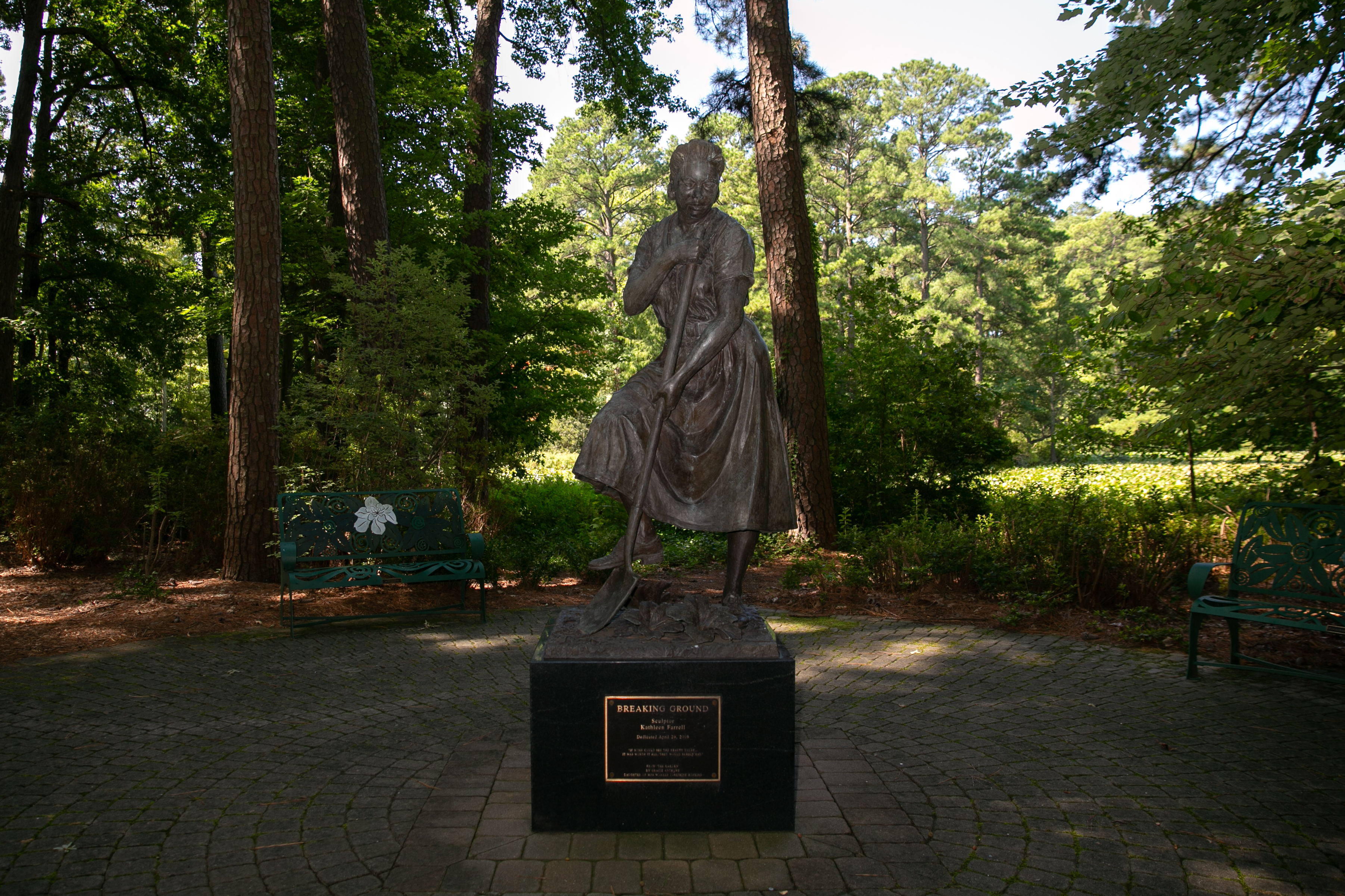 “Breaking Ground” a bronze sculpture honoring the 220 Black workers who helped start the Norfolk Botanical Garden. (Kristen Zeis/For The Washington Post)