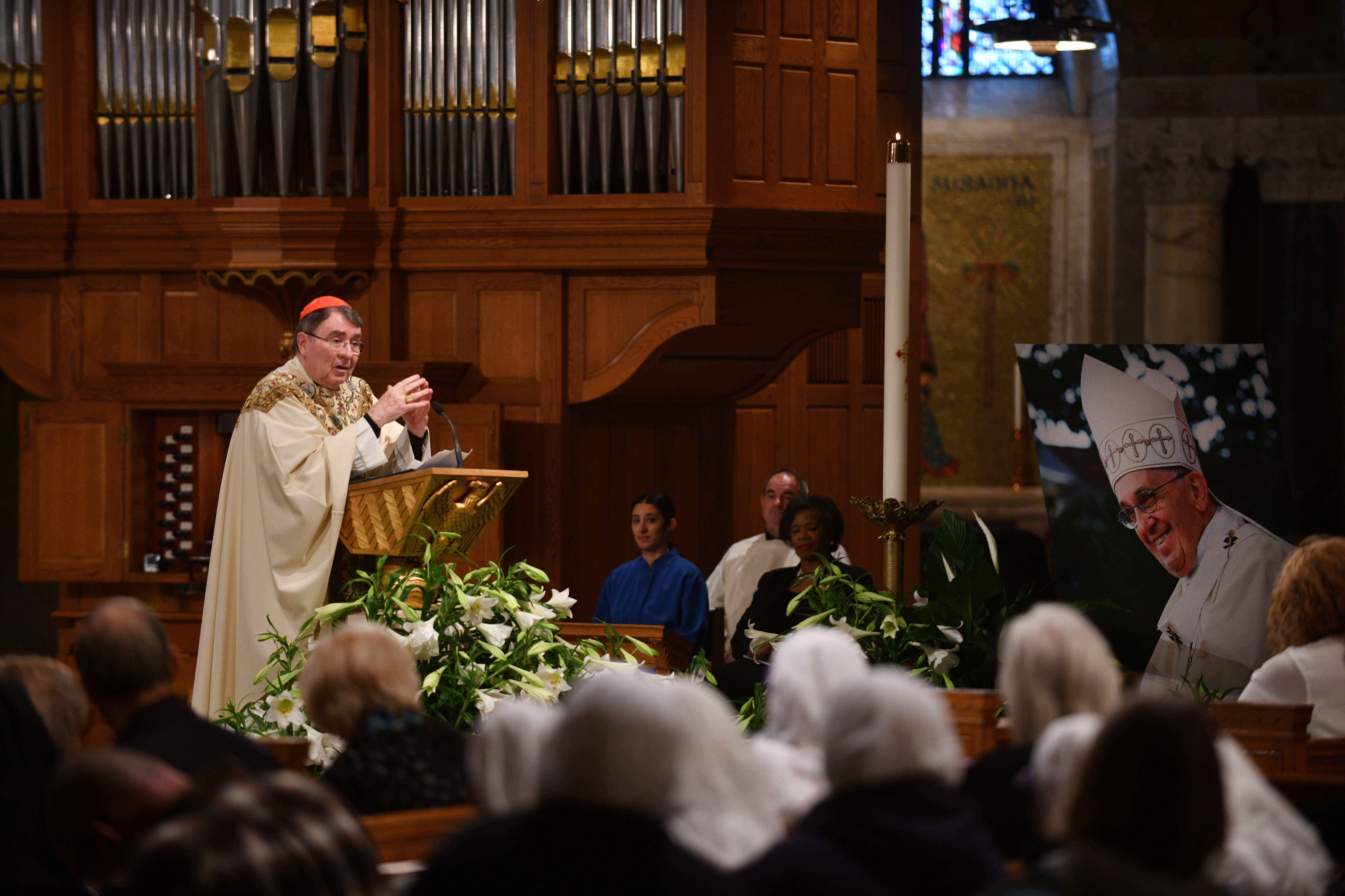 Cardinal Christophe Pierre leads a Mass at the Basilica of the National Shrine of the Immaculate Conception in Washington in April 2025. (Astrid Riecken/For The Washington Post)