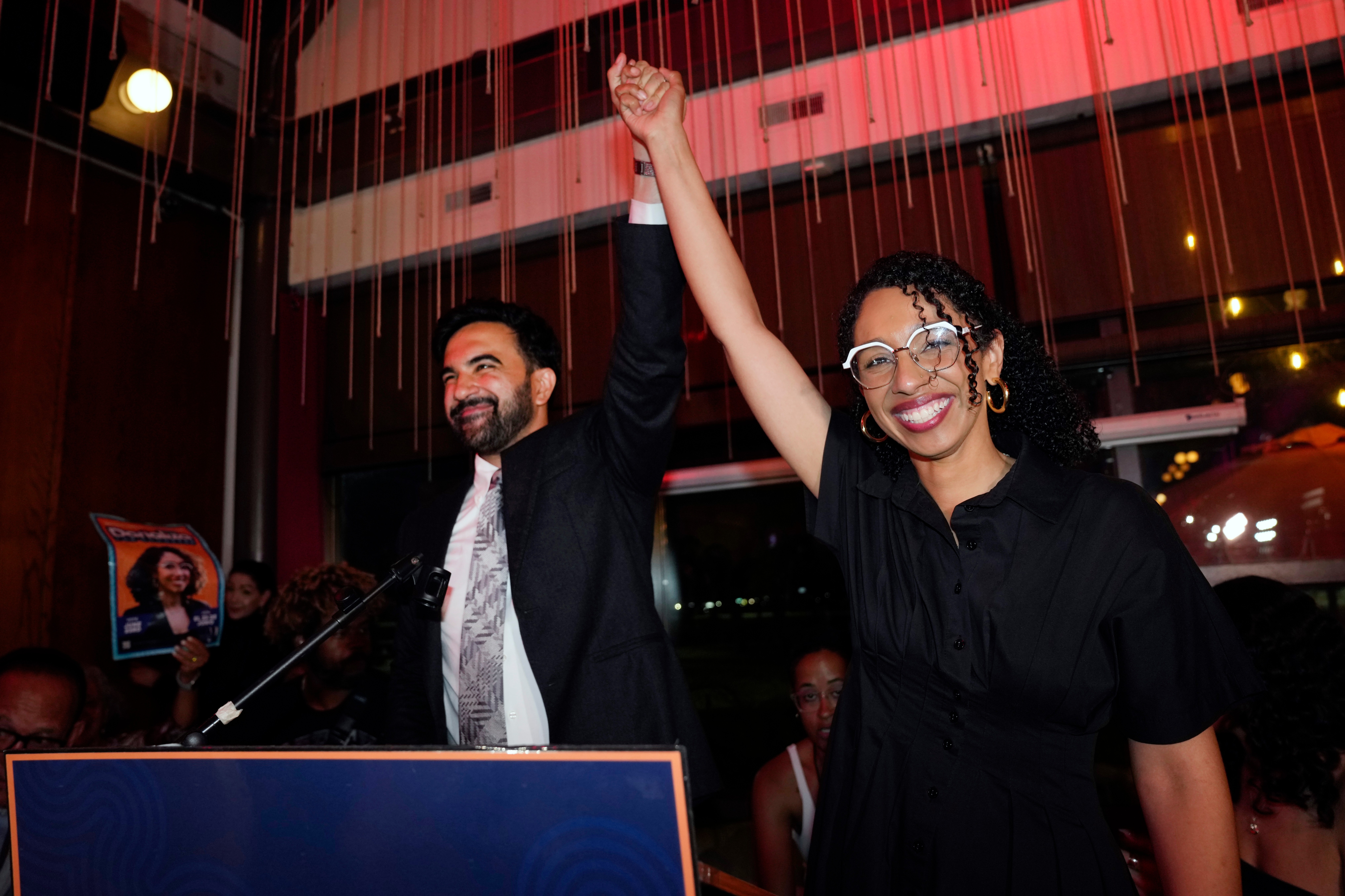 New York City Mayor Zohran Mamdani celebrates with Darializa Avila Chevalier, one of three Democratic House candidates to win Tuesday primaries with his endorsement. (Seth Wenig/AP)