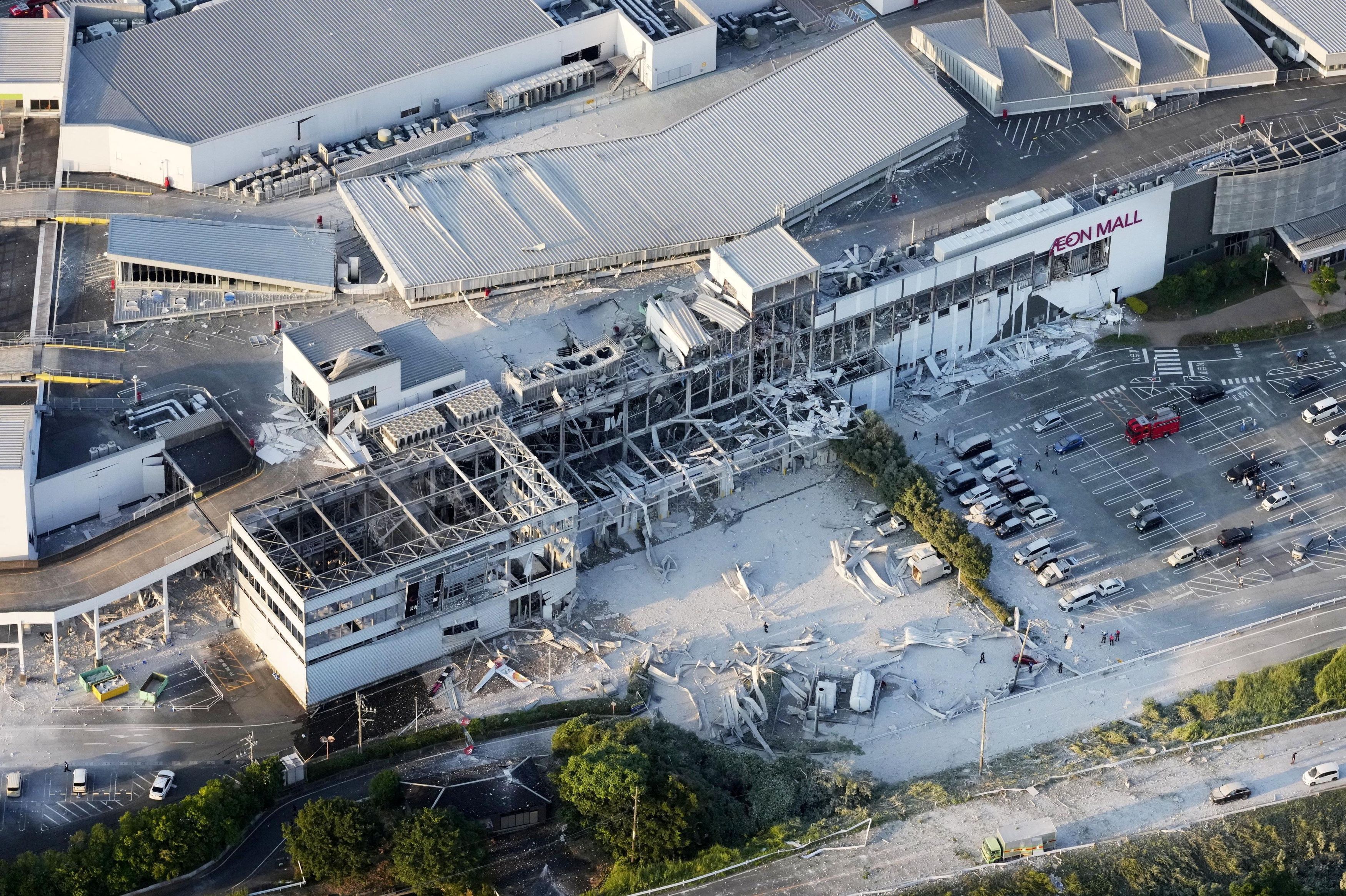 An aerial view shows the damaged Aeon Mall in southwestern Japan after an earthquake struck Tuesday. (Kyodo/Reuters)