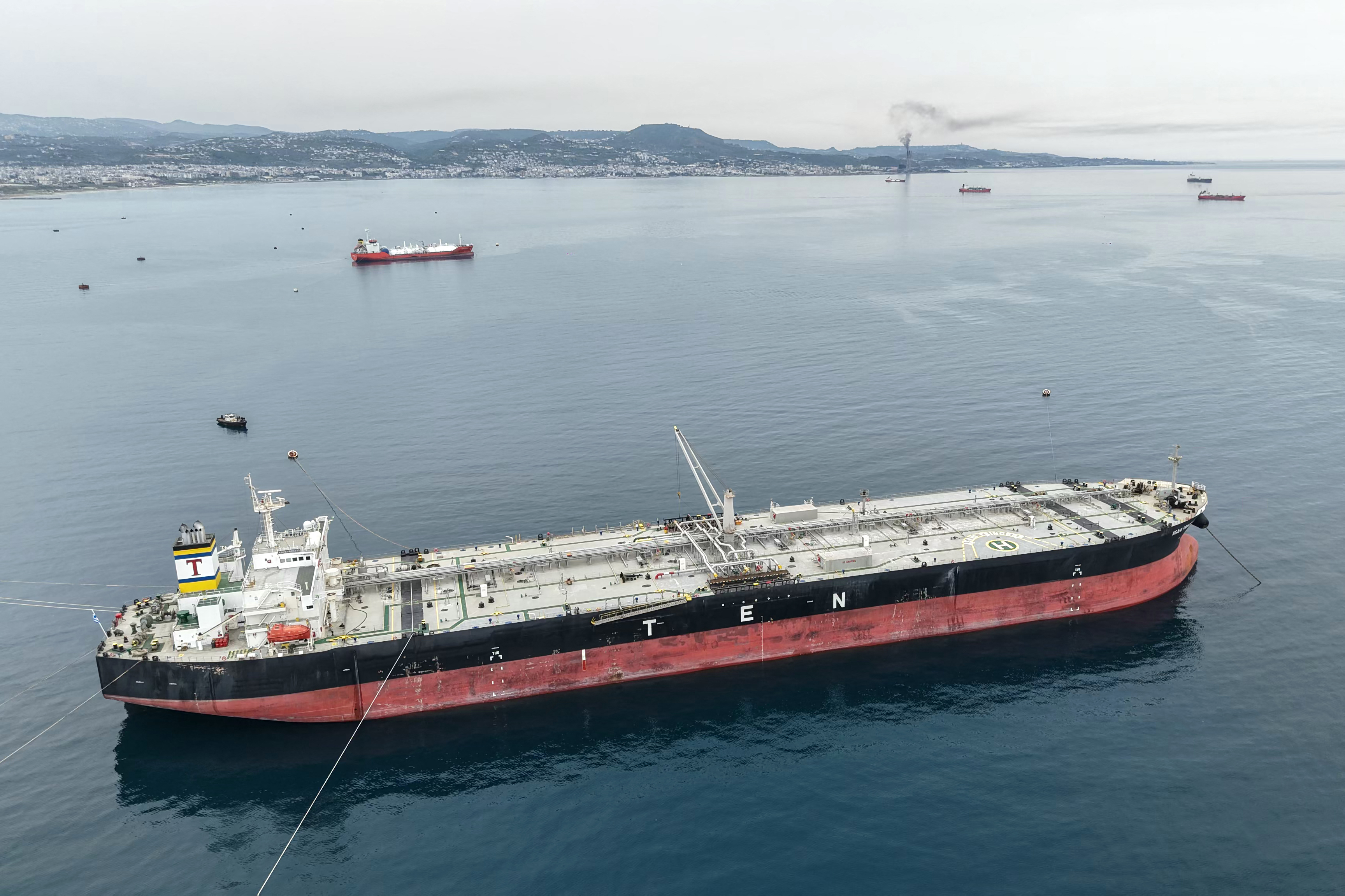 A Greek-flagged crude oil tanker sails off the coast of the Syrian Baniyas port refinery in Mediterranean Sea on Wednesday. (Bakr Alkasem/AFP/Getty Images)