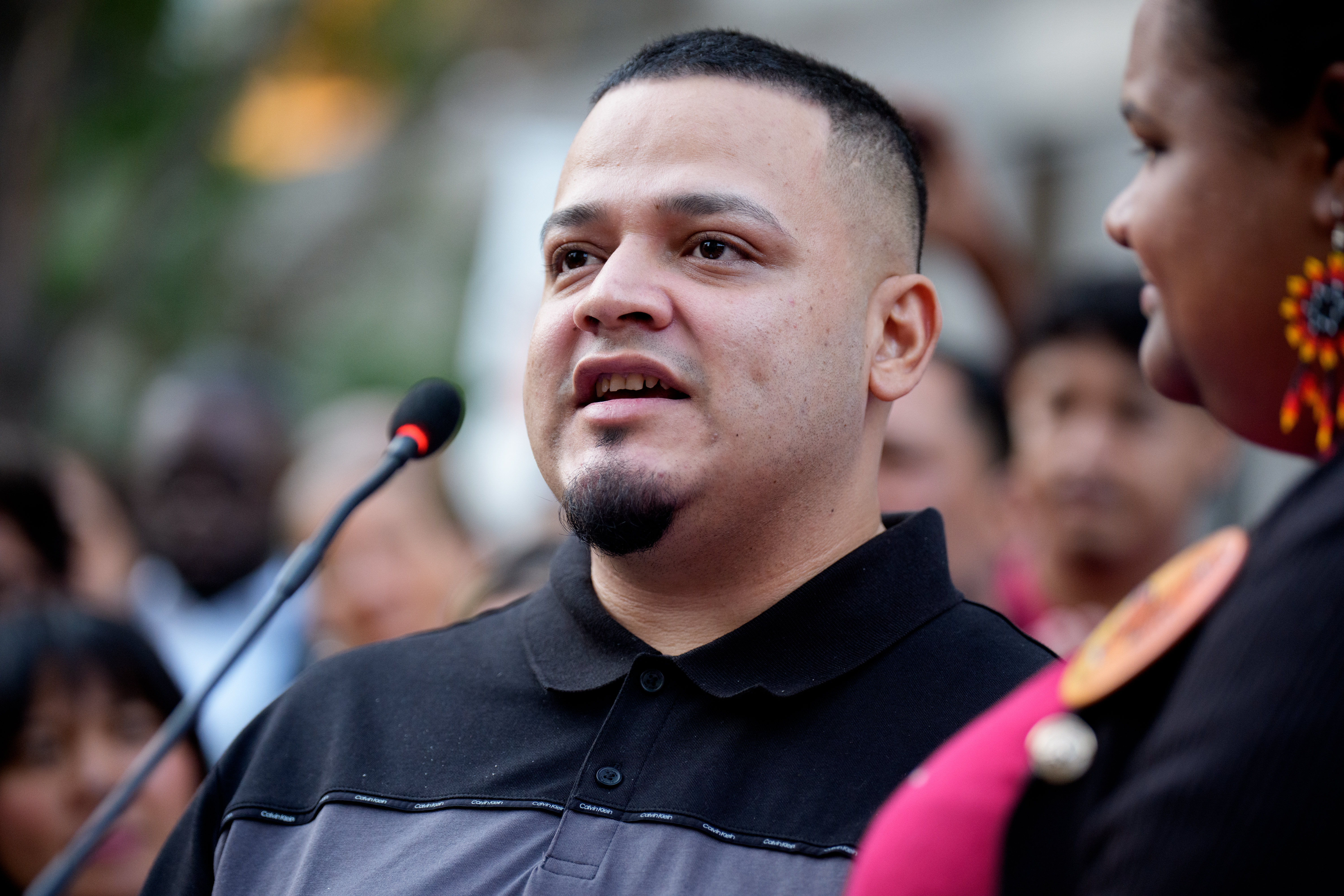 Kilmar Abrego García addresses supporters before entering an ICE office in Baltimore on Aug. 25. (Andrew Harnik/Getty Images)