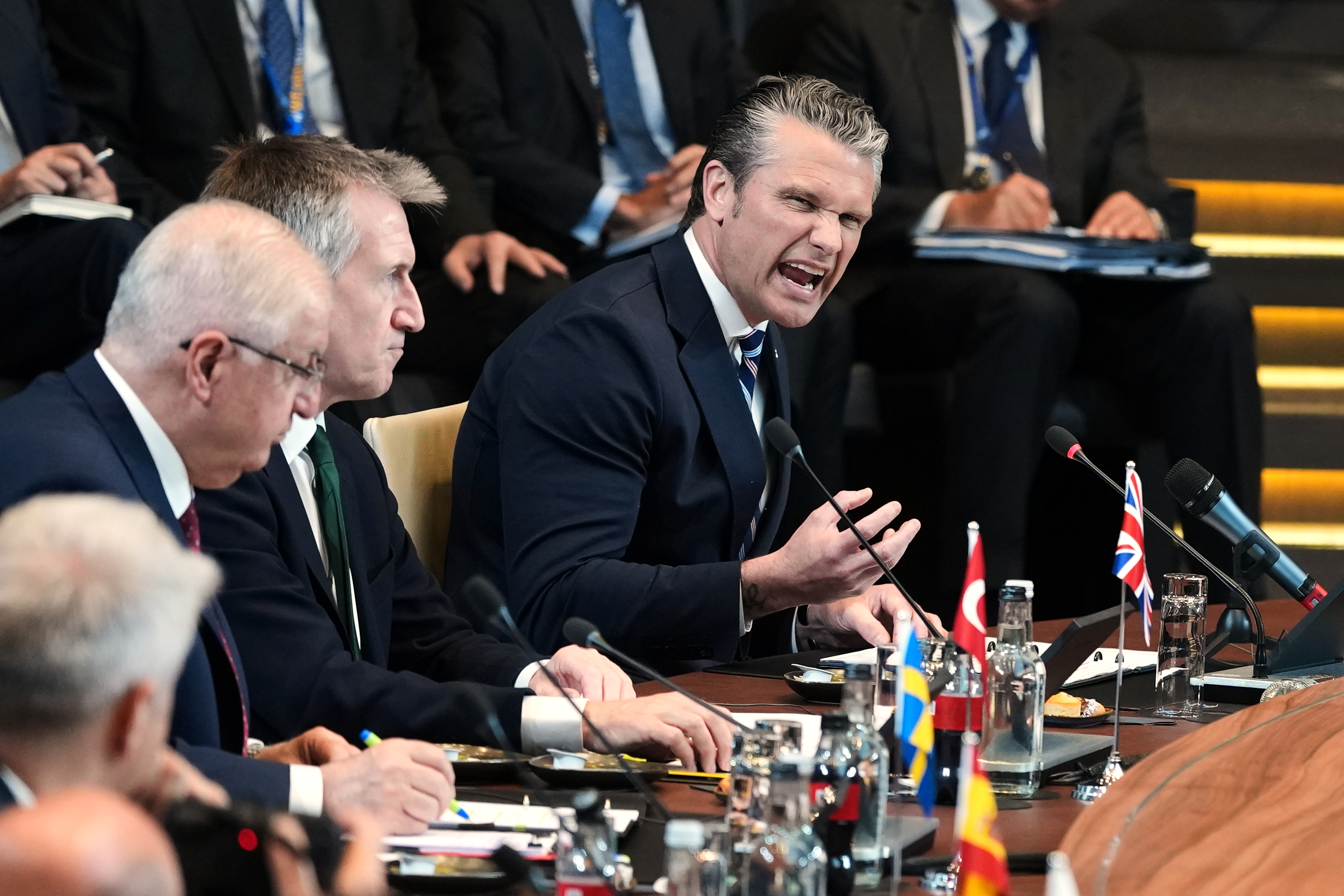 Defense Secretary Pete Hegseth during a meeting at NATO headquarters in Brussels on Thursday. (Virginia Mayo/AP)
