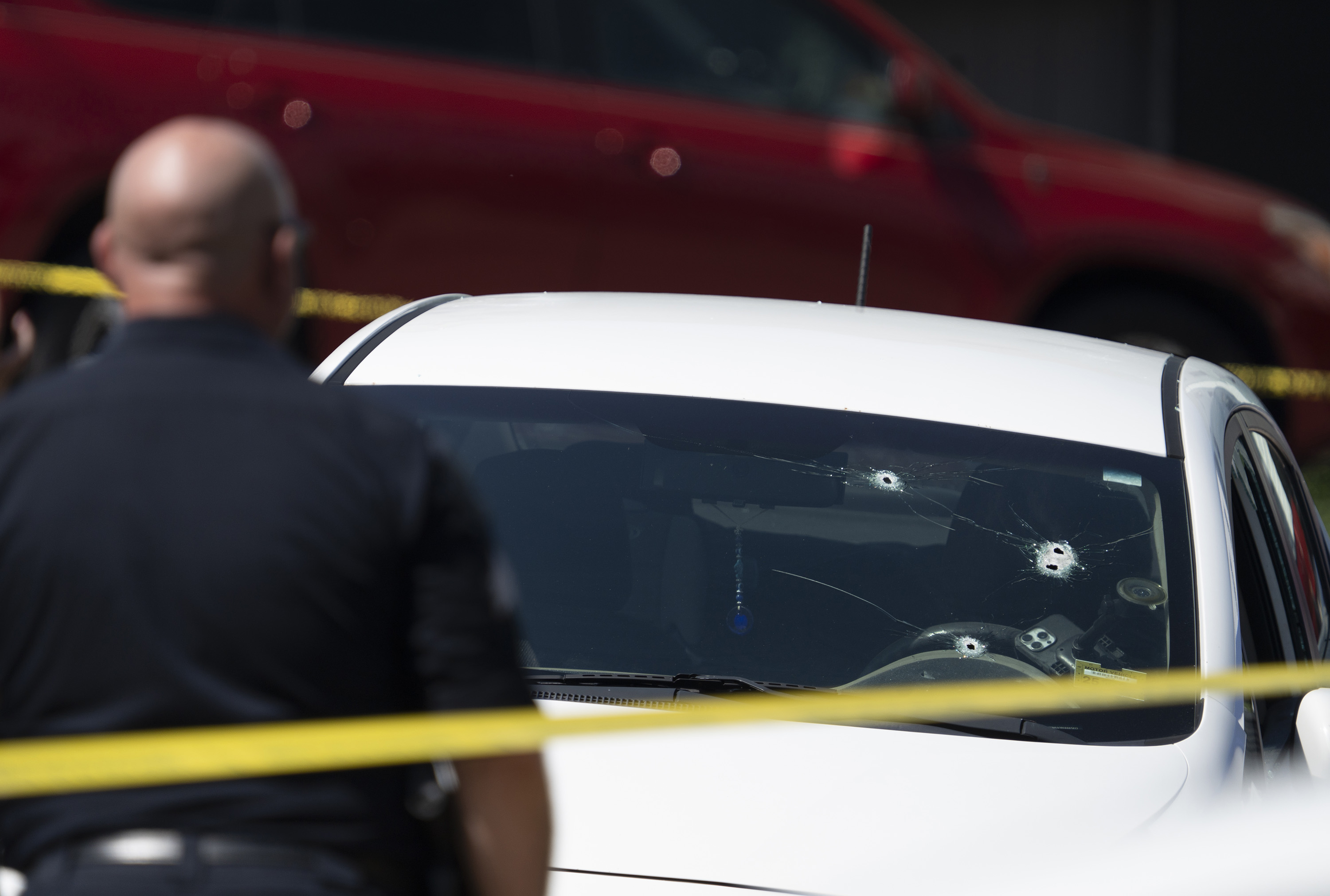 A sedan reportedly driven by the victim of the fatal ICE shooting in Biddeford, Maine, yesterday. (Gregory Rec/Portland Press Herald/Getty)