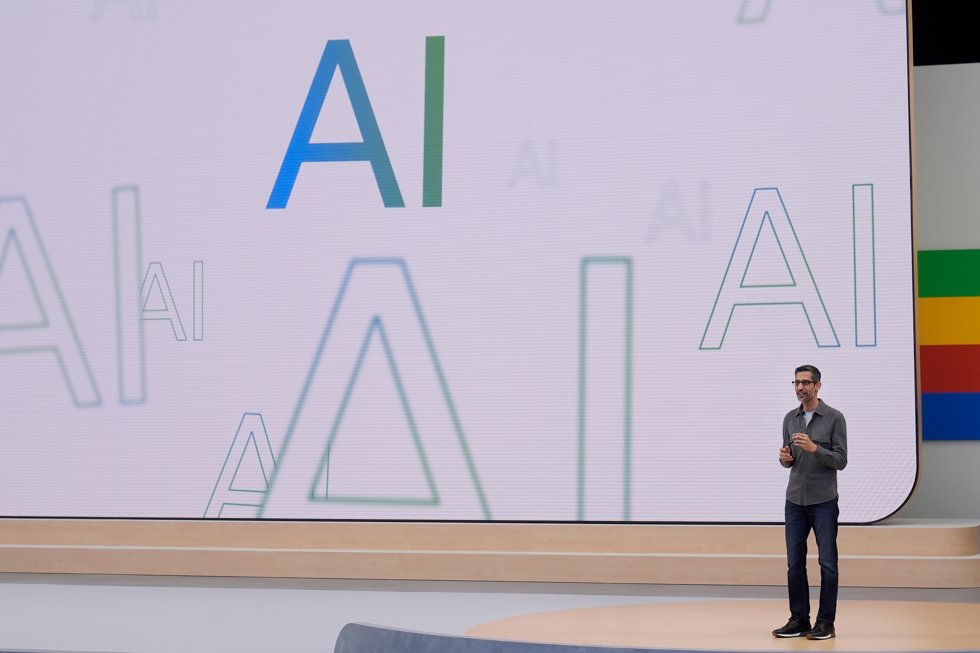 Google CEO Sundar Pichai speaks at company event in Mountain View, California, in May 2024. (Jeff Chiu/AP)