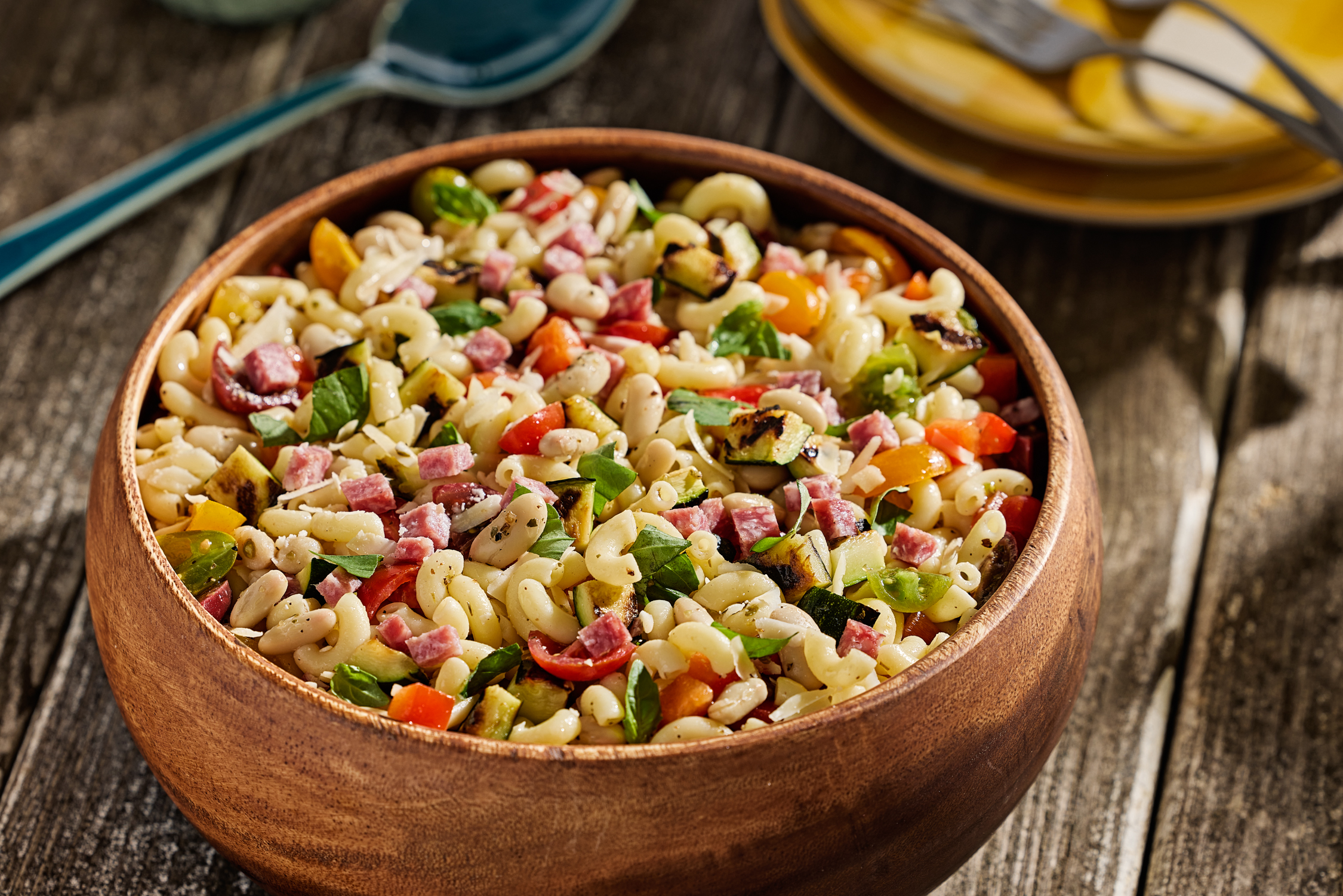 Pasta Salad With Grilled Zucchini, White Beans and Tomato.