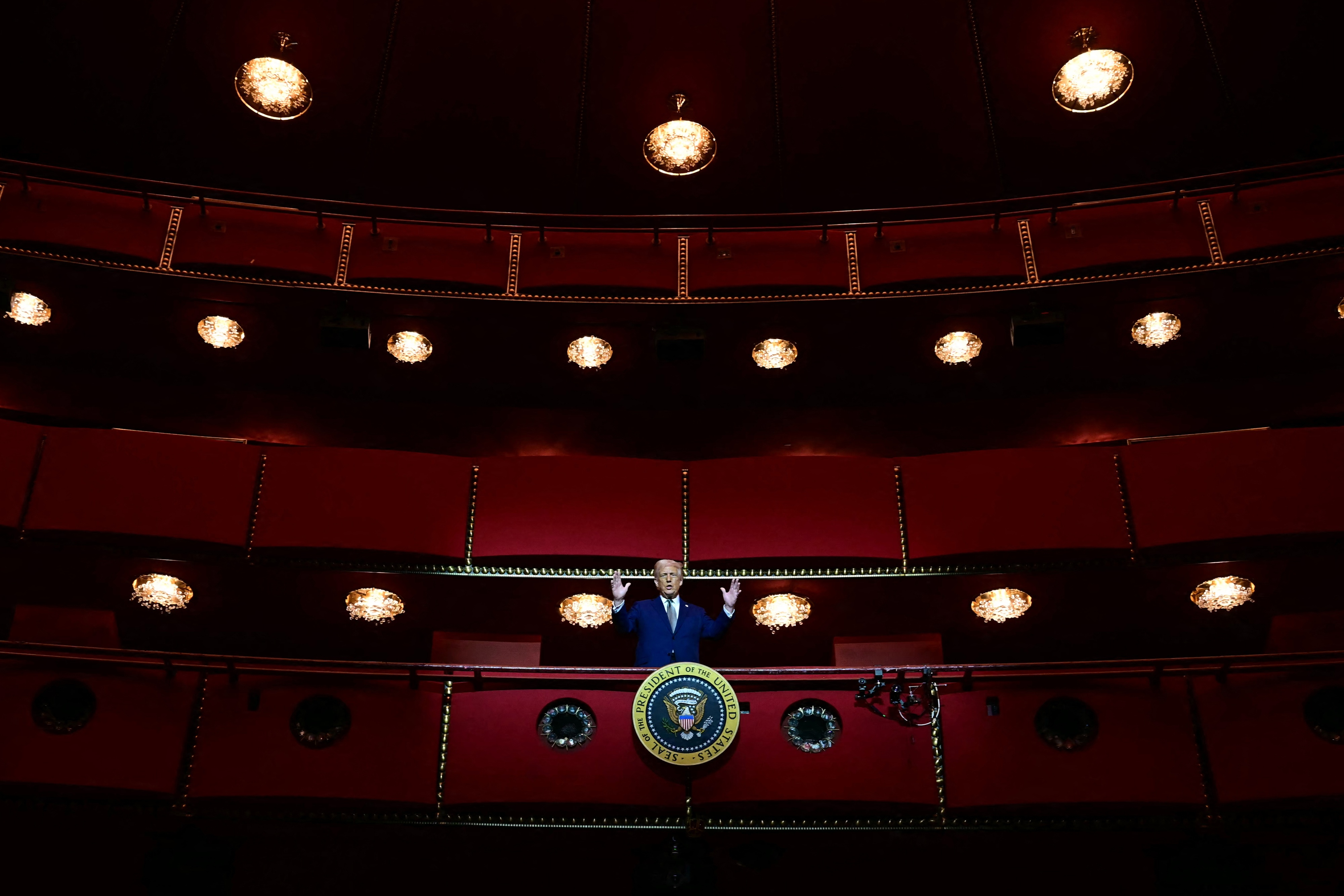 President Donald Trump stands in the presidential box at the Kennedy Center in 2025. (Jim Watson/AFP/Getty Images)