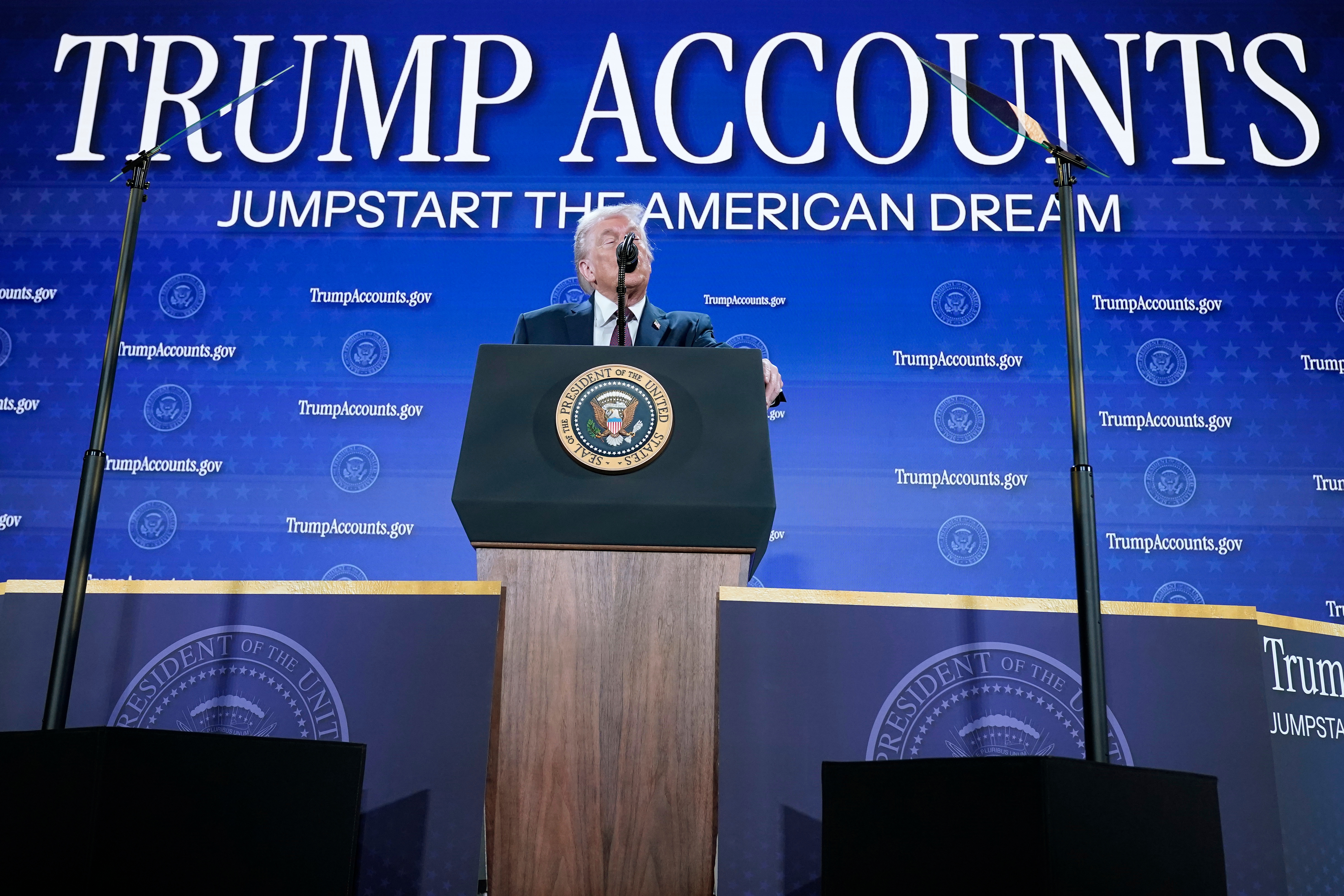President Donald Trump speaks during the launch of the “Trump accounts” program at the Andrew W. Mellon Auditorium in Washington on Jan. 28. (Jose Luis Magana/AP)