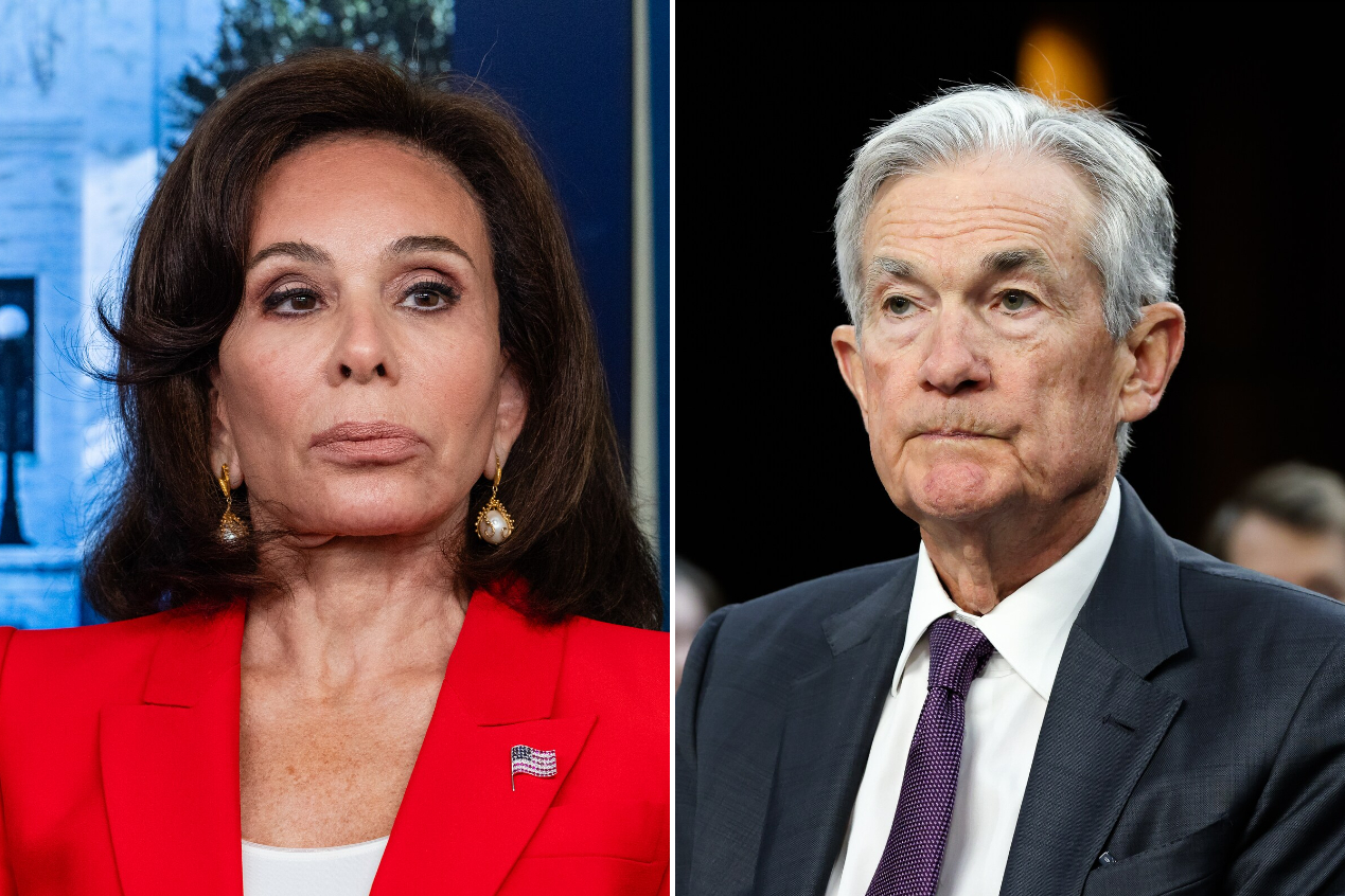 Left: U.S. Attorney for D.C. Jeanine Pirro in 2025. Right: Federal Reserve Chair Jerome H. Powell in 2025. (Eric Lee and Valerie Plesch/For The Washington)