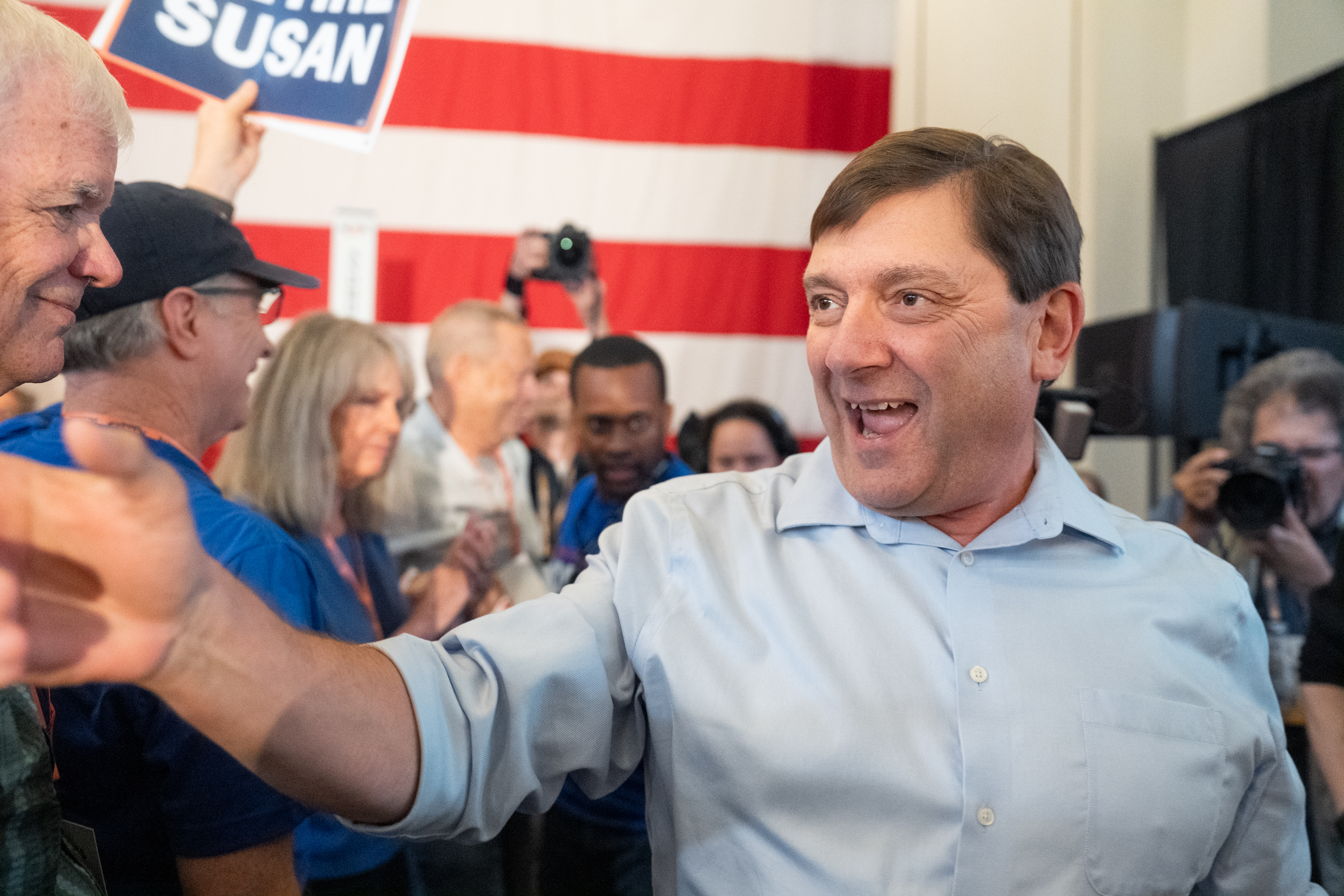 Troy Jackson celebrates after being officially chosen by Maine Democrats as their Senate nominee in Bangor, Maine, last month. (Sofia Aldinio/For The Washington Post)