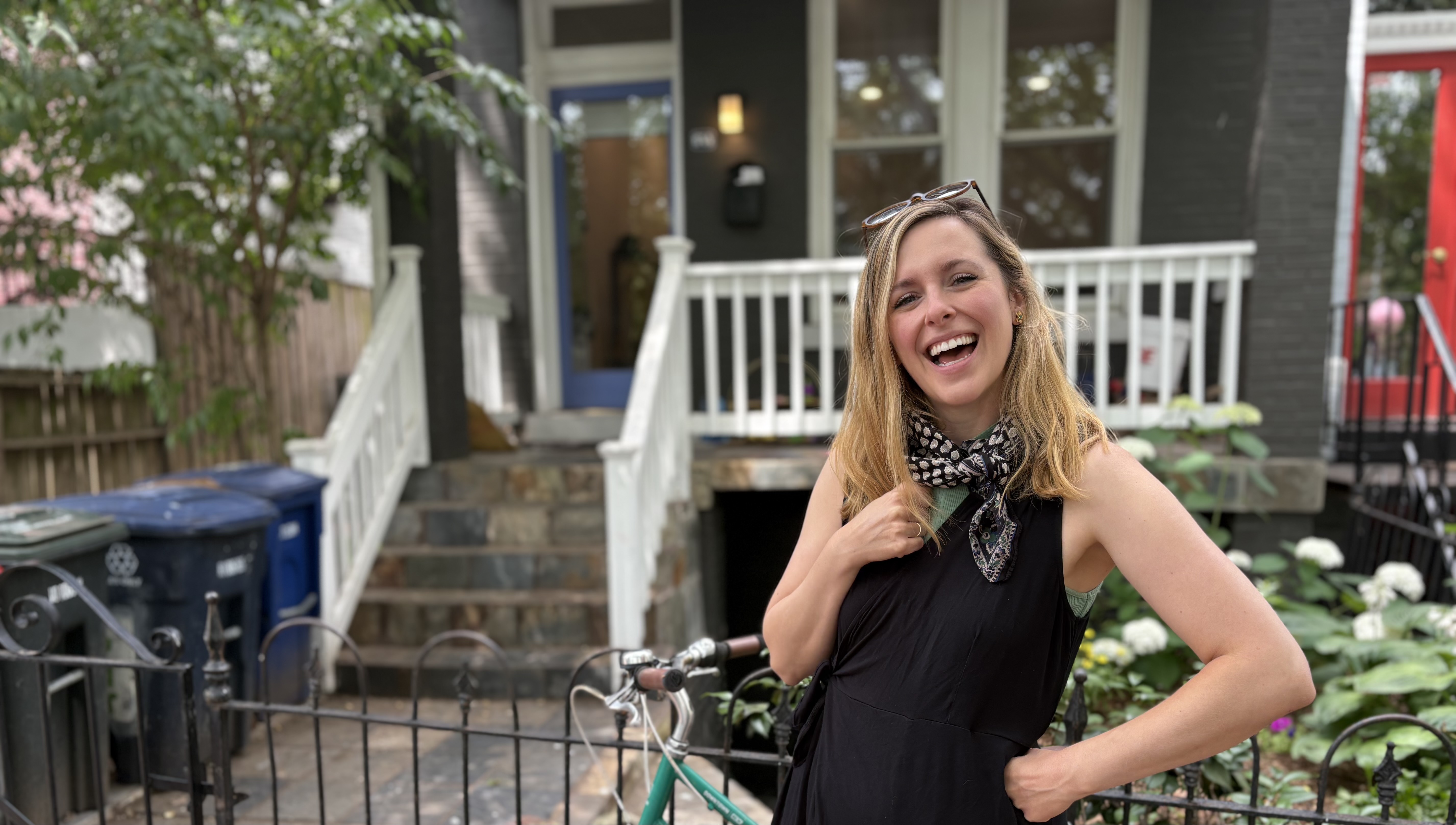 Maggie Penman in front of her mosquito magnet garden. (Courtesy of Maggie Penman/The Washington Post)