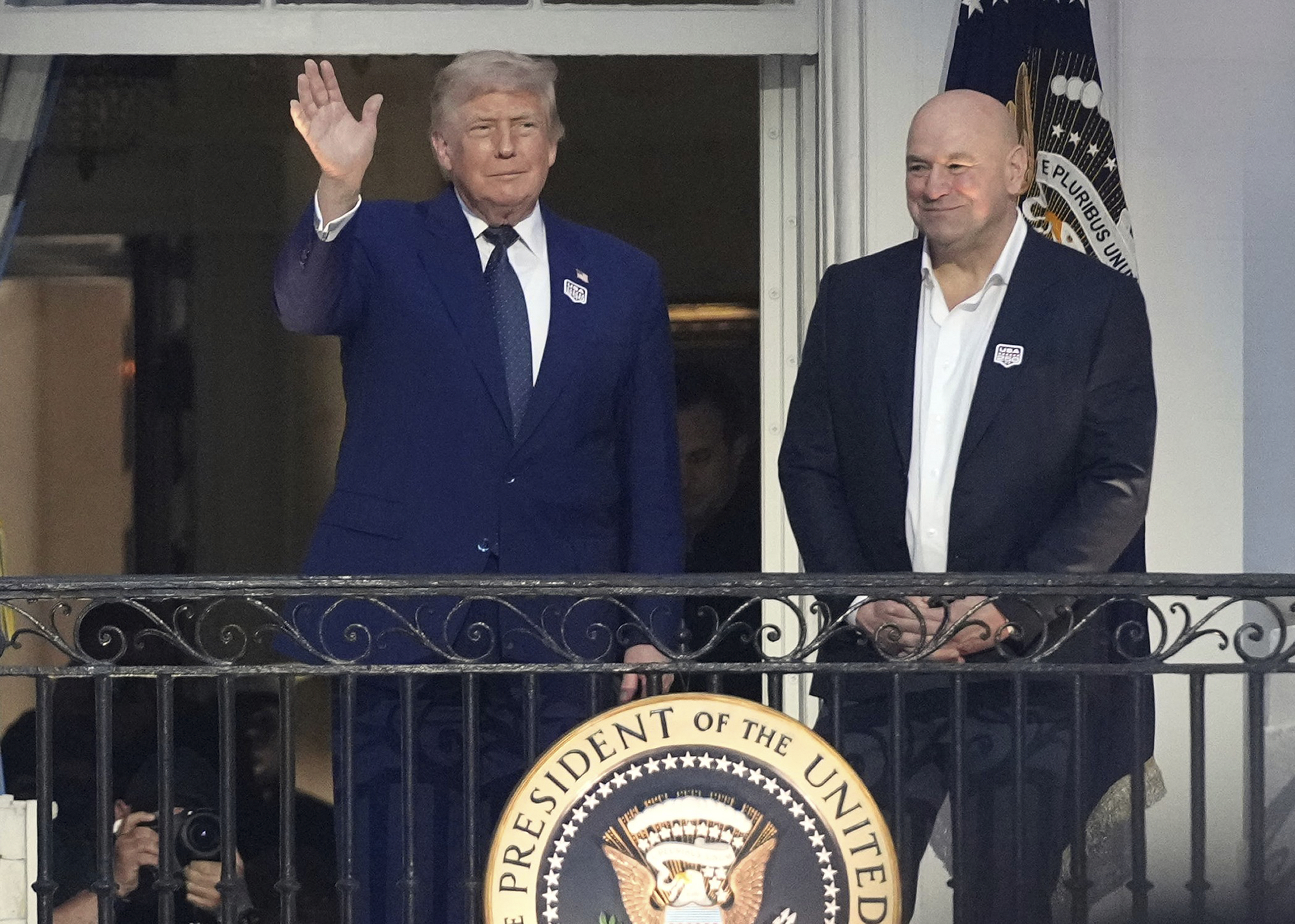 President Donald Trump and Dana White, the president and CEO of UFC, arrive for a UFC event at the White House on Sunday. (Mark Schiefelbein/AP Photo/Mark Schiefelbein)
