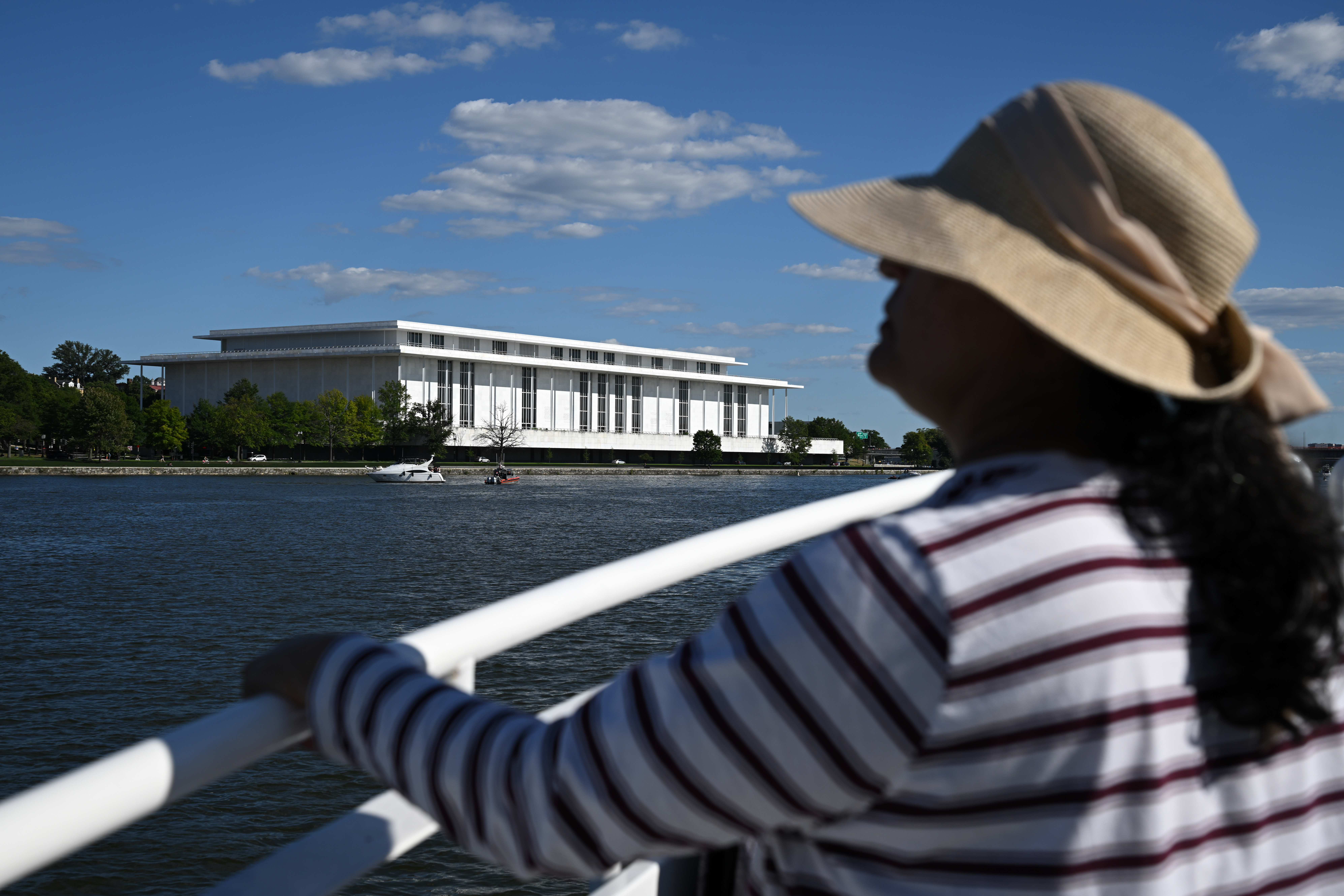 The Kennedy Center, as seen from a boat on the Potomac River on Labor Day, has been at the center of legal disputes. (Matt McClain/FTWP)
