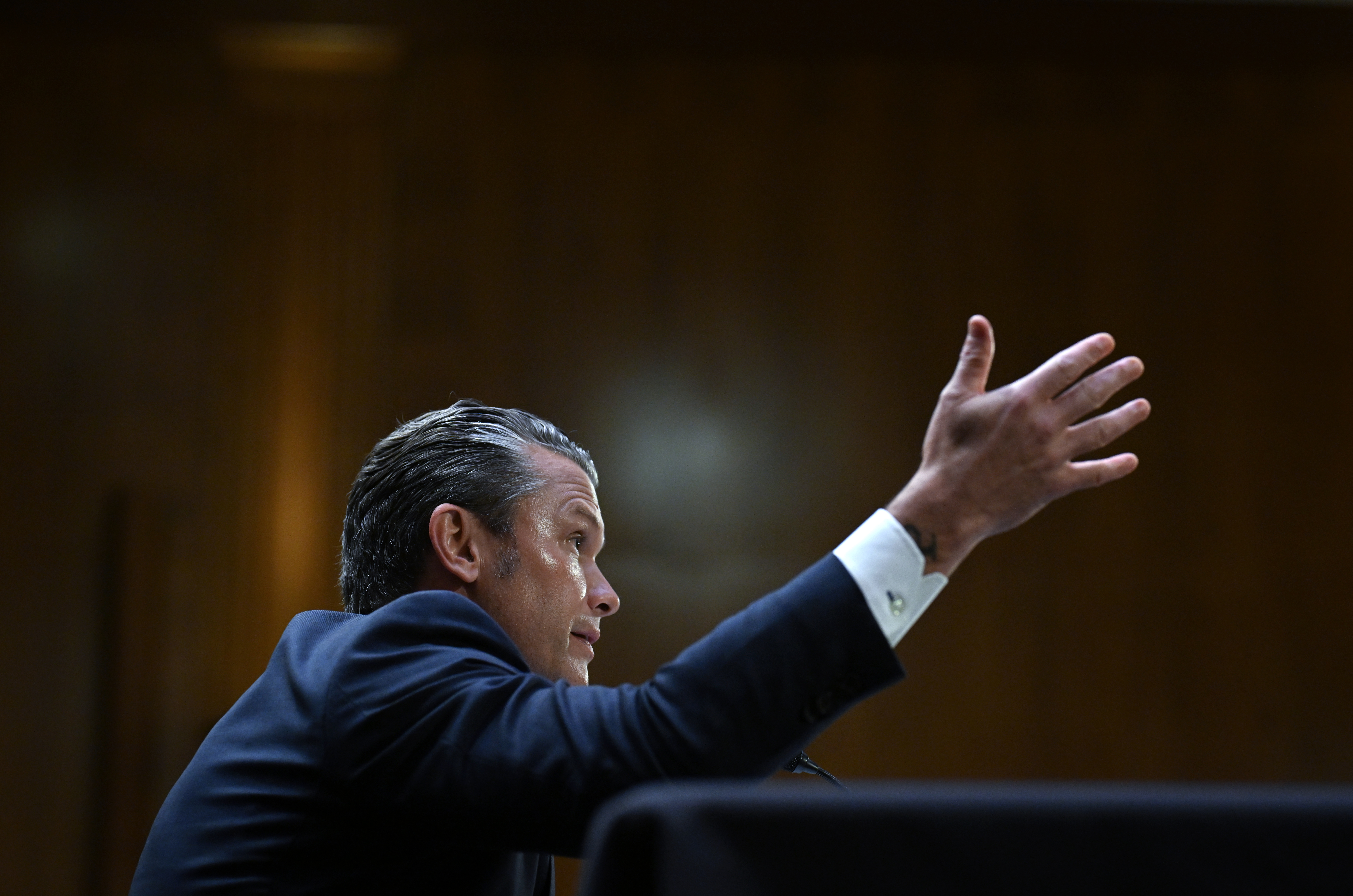 Defense Secretary Pete Hegseth testifies during a Senate hearing Tuesday on Capitol Hill. (Matt McClain/For The Washington Post)