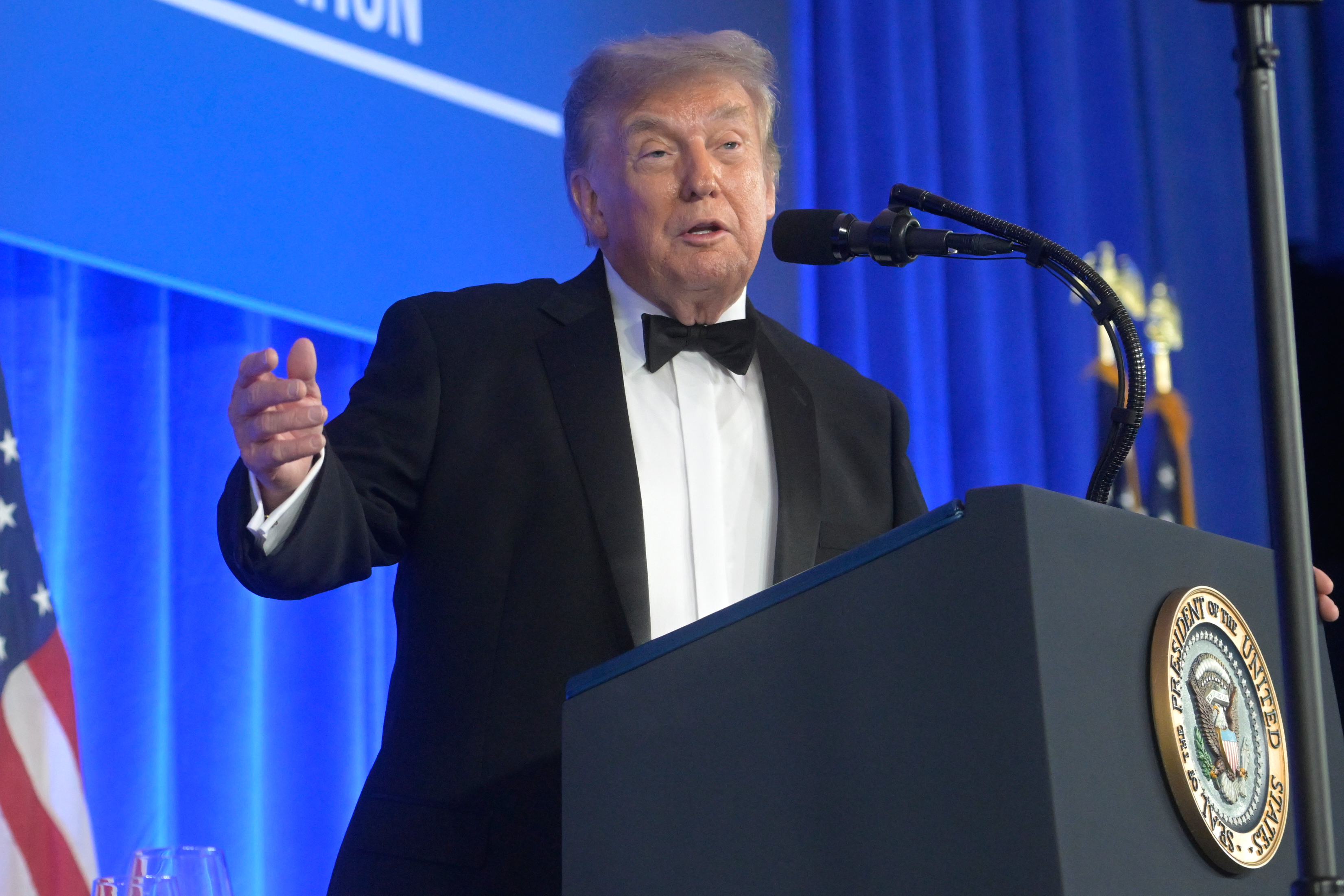 President Donald Trump speaks at the White House correspondents’ dinner at the Waldorf Astoria on Friday. (Rod Lamkey/AP)