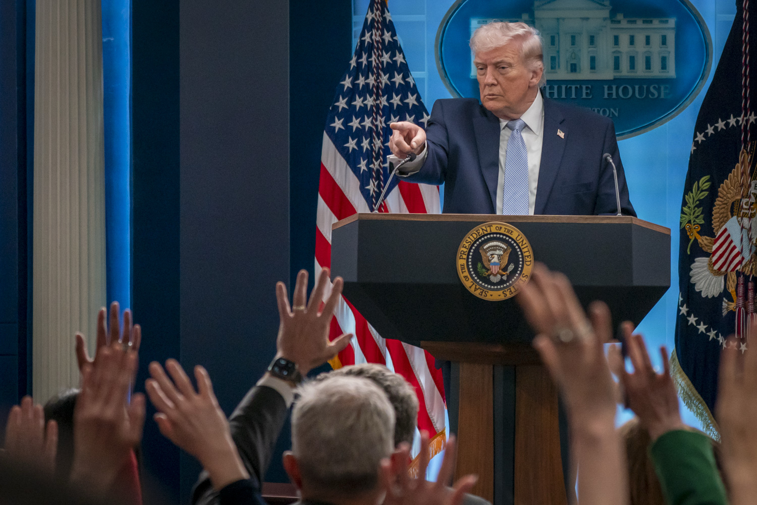 President Donald Trump speaks to reporters at a news conference about Iran on Monday at the White House (Maxine Wallace/The Washington Post)