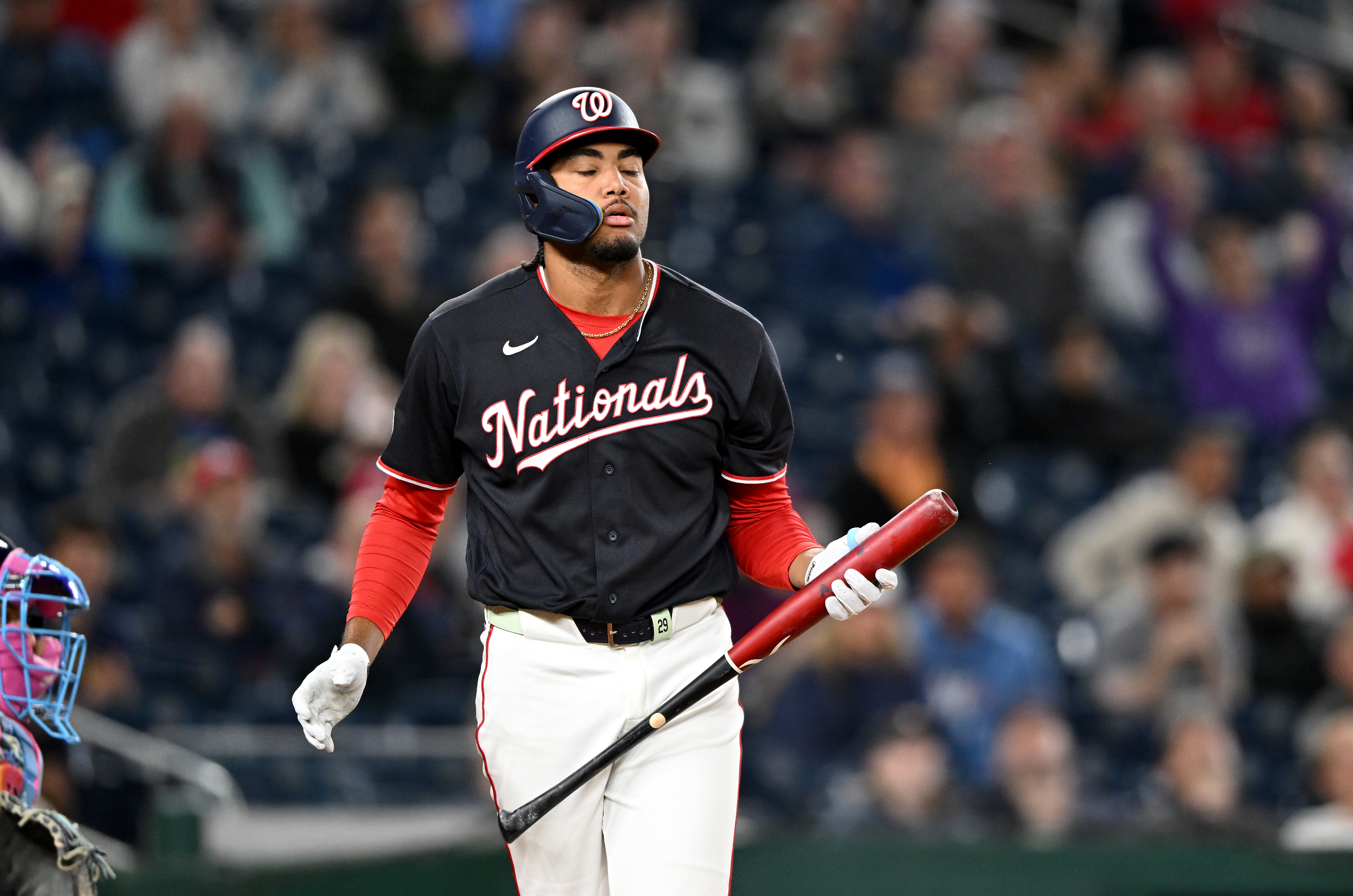 James Wood and the Nationals offense struggled to find success against the Brewers’ pitching staff in Friday night’s loss. (Greg Fiume/Getty Images)