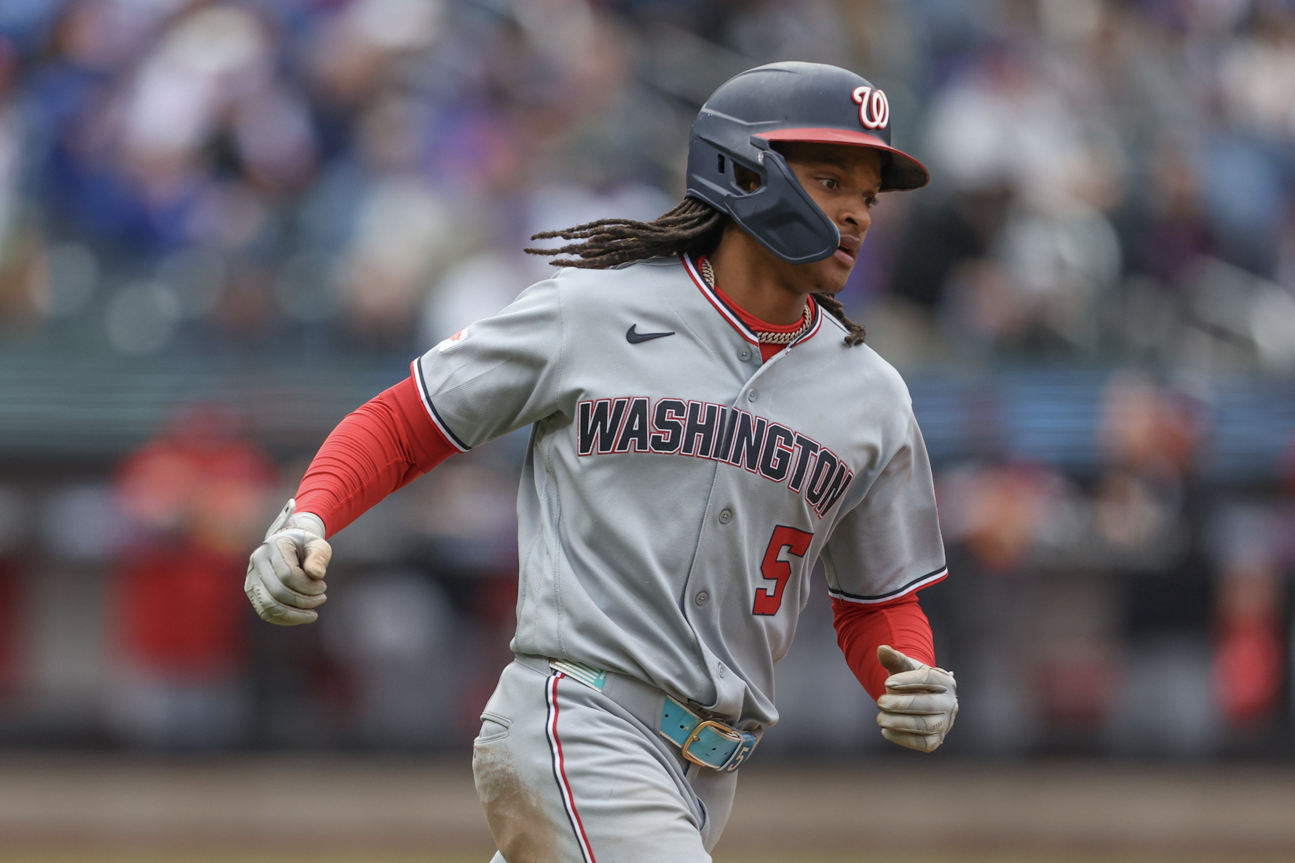 Washington’s CJ Abrams rounds the bases after his eighth-inning blast gave the Nationals the lead. (Heather Khalifa/Getty Images)