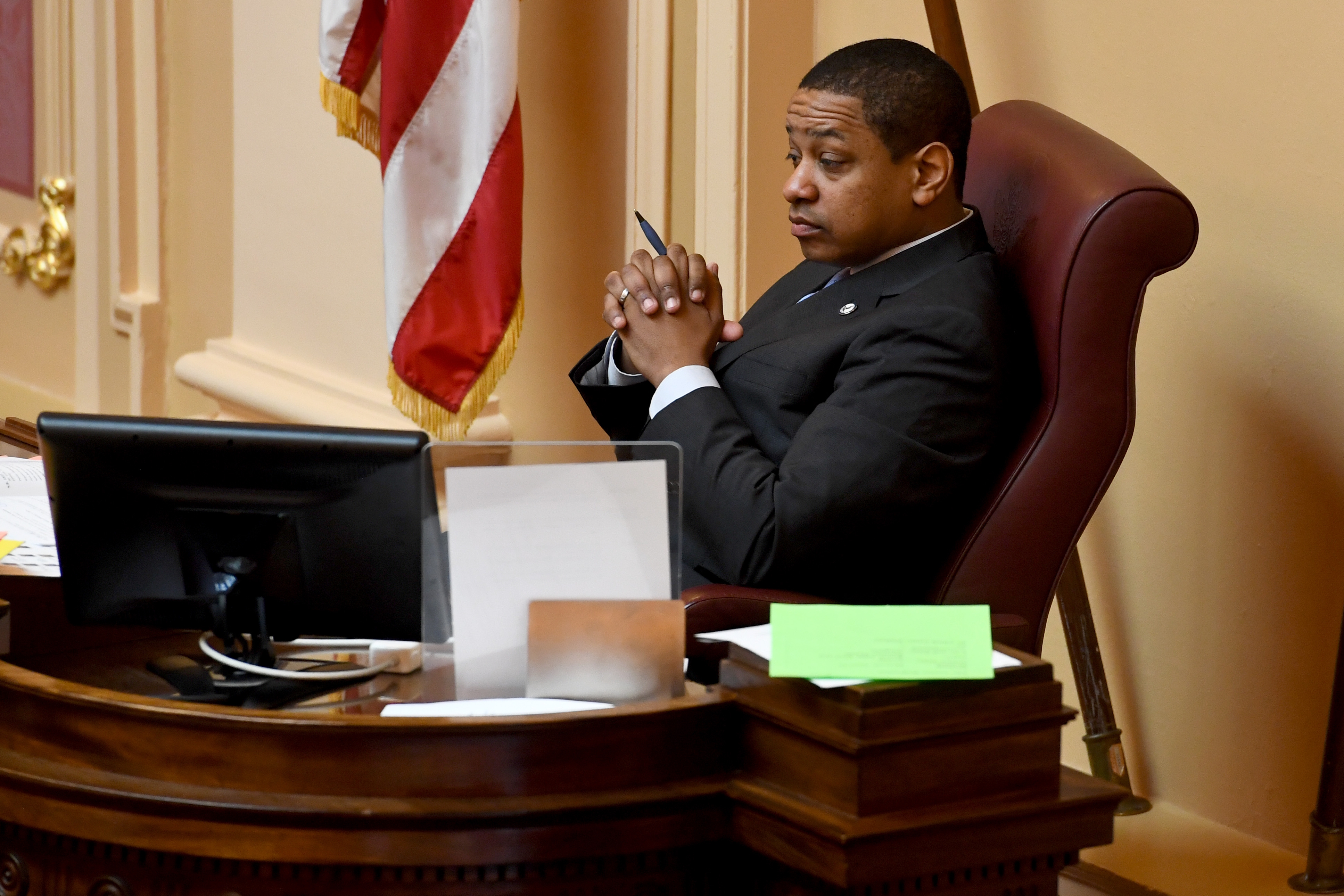 Lt. Gov. Justin Fairfax (D) presides over the Virginia Senate in 2019. (Katherine Frey/The Washington Post)