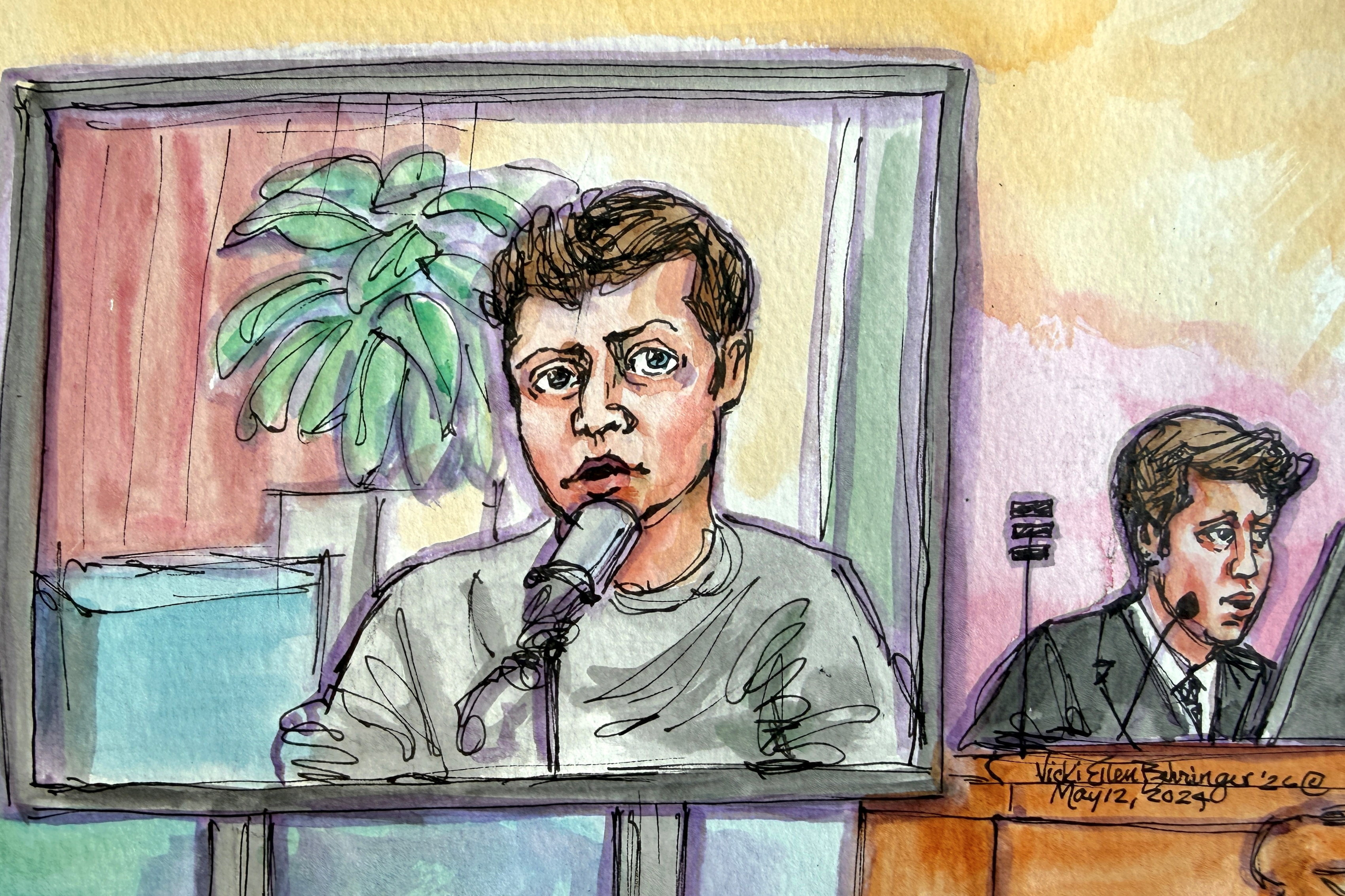 A courtroom sketch shows Sam Altman being questioned by Elon Musk’s attorney as a screen displays an earlier video interview with him. (Vicki Behringer/Reuters)